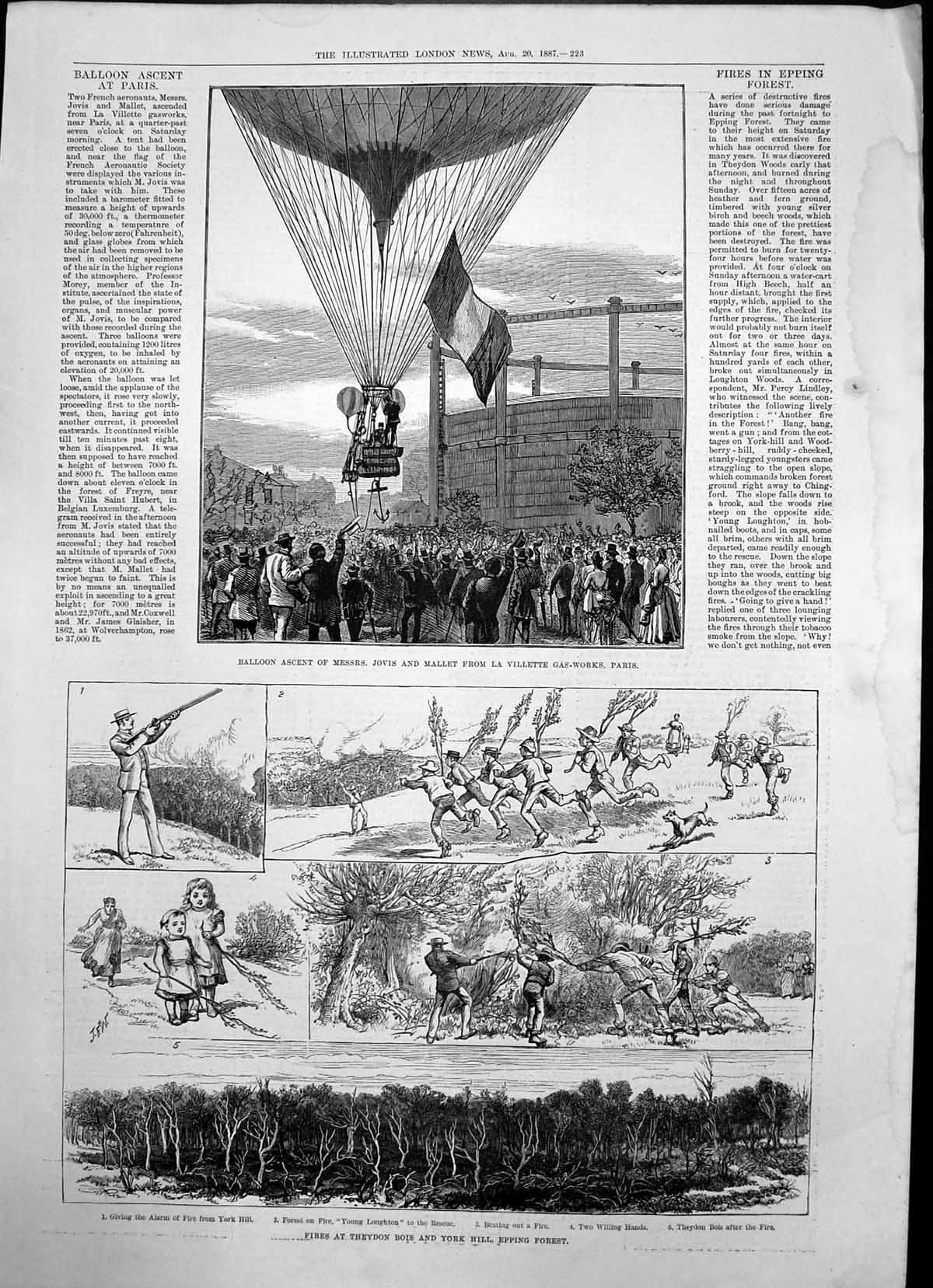 Antique Old Print Balloon Ascent Jovis Mallet Paris Fires Epping Forest 1887