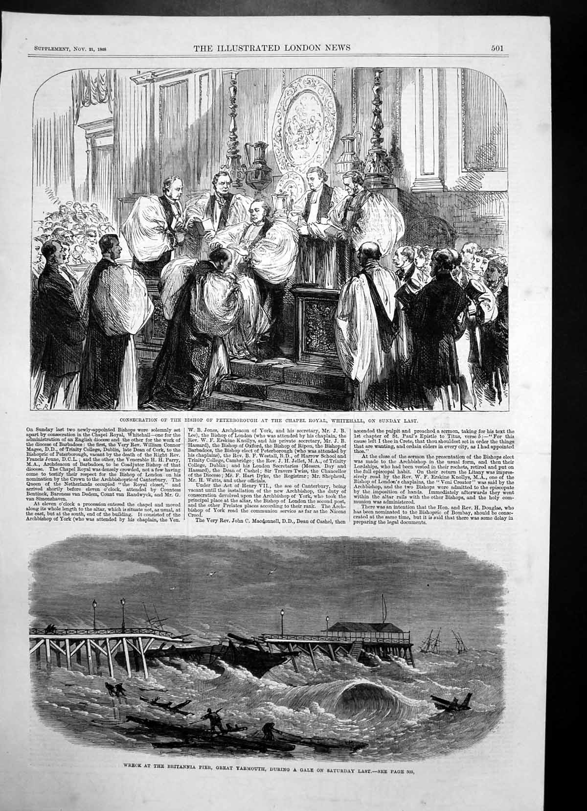 Antique Old Print Consecration Bishop Peterborough Wreck Great Yarmouth 1868