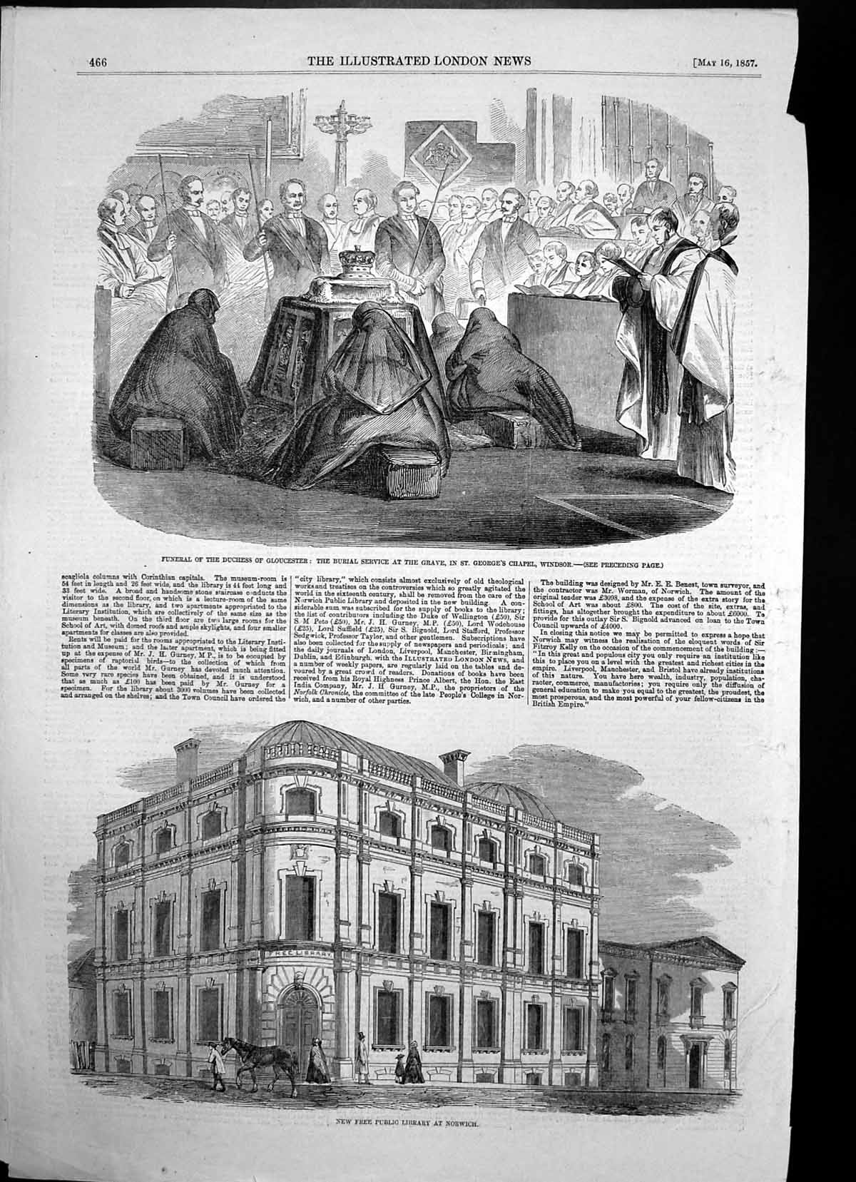 Antique Print Public Library Norwich Funeral Duchess Gloucester Windsor1857