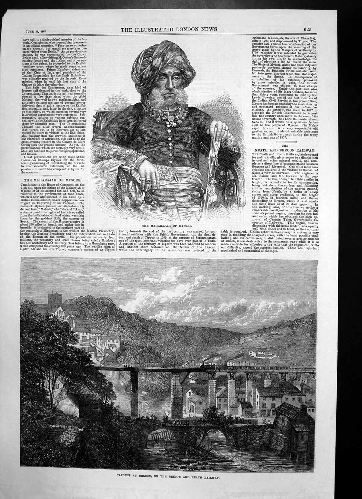 Original Old Antique Print Maharajah Mysore Viaduct Brecon Neath Railway 1867