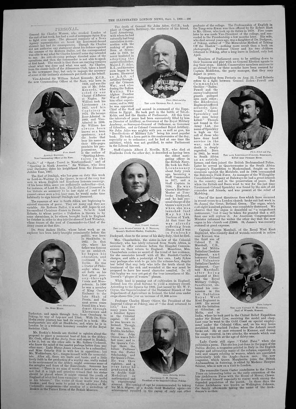 Old Print Admiral Kennedy Dr Sven Hedin Professor C Oliver Gen Adye 1900 20th