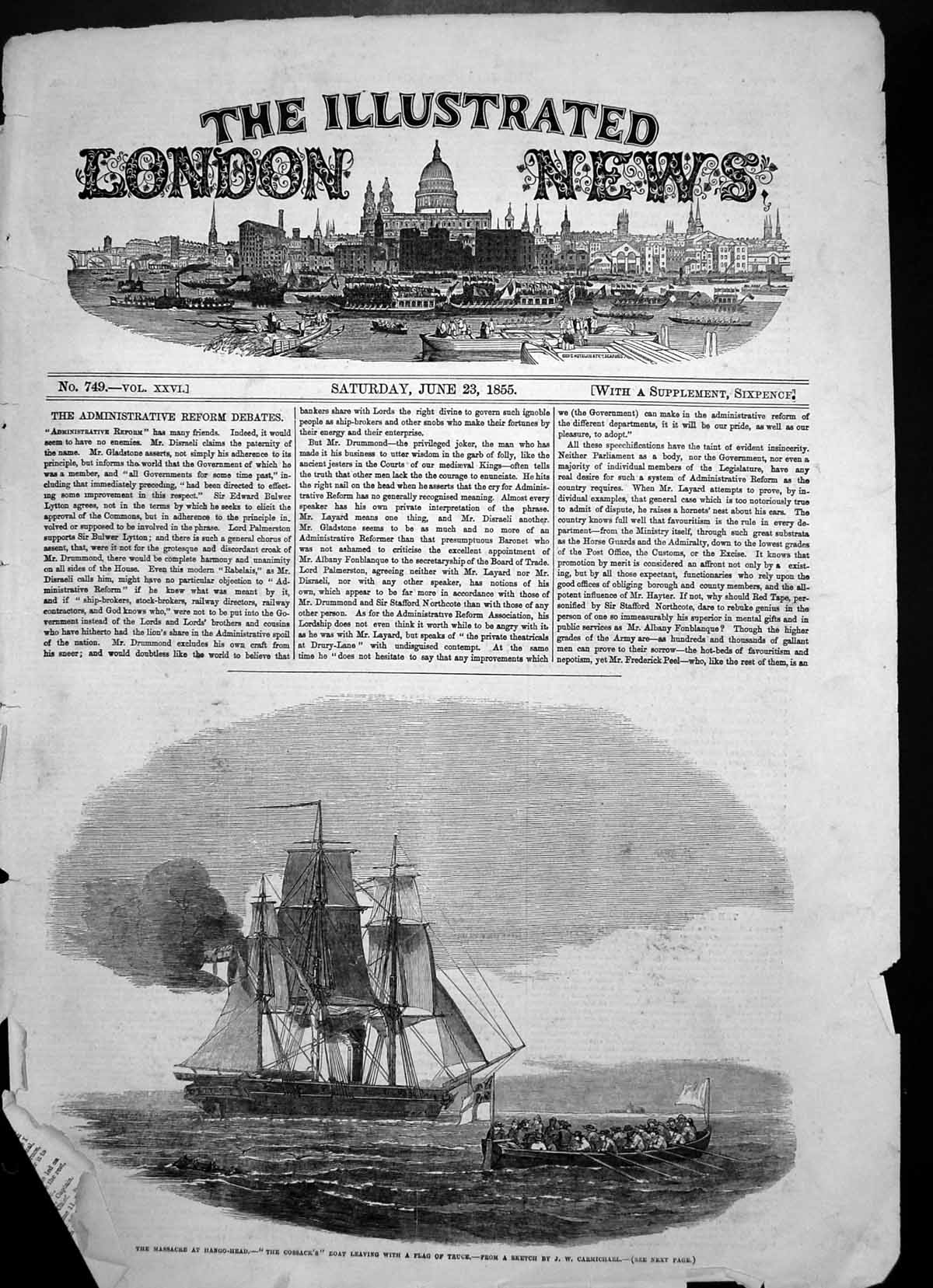 Antique Old Print Massacre Hango Head Cossacks Boat Leaving Flag Truce 1855