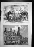 Original Old Antique Print Sketch Inn Yard Belgrade New Townhall Leicester 1876