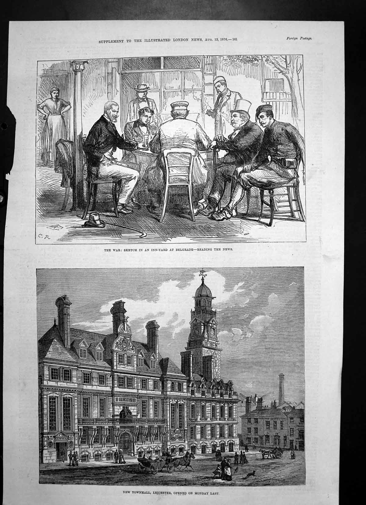 Original Old Antique Print Sketch Inn Yard Belgrade New Townhall Leicester 1876
