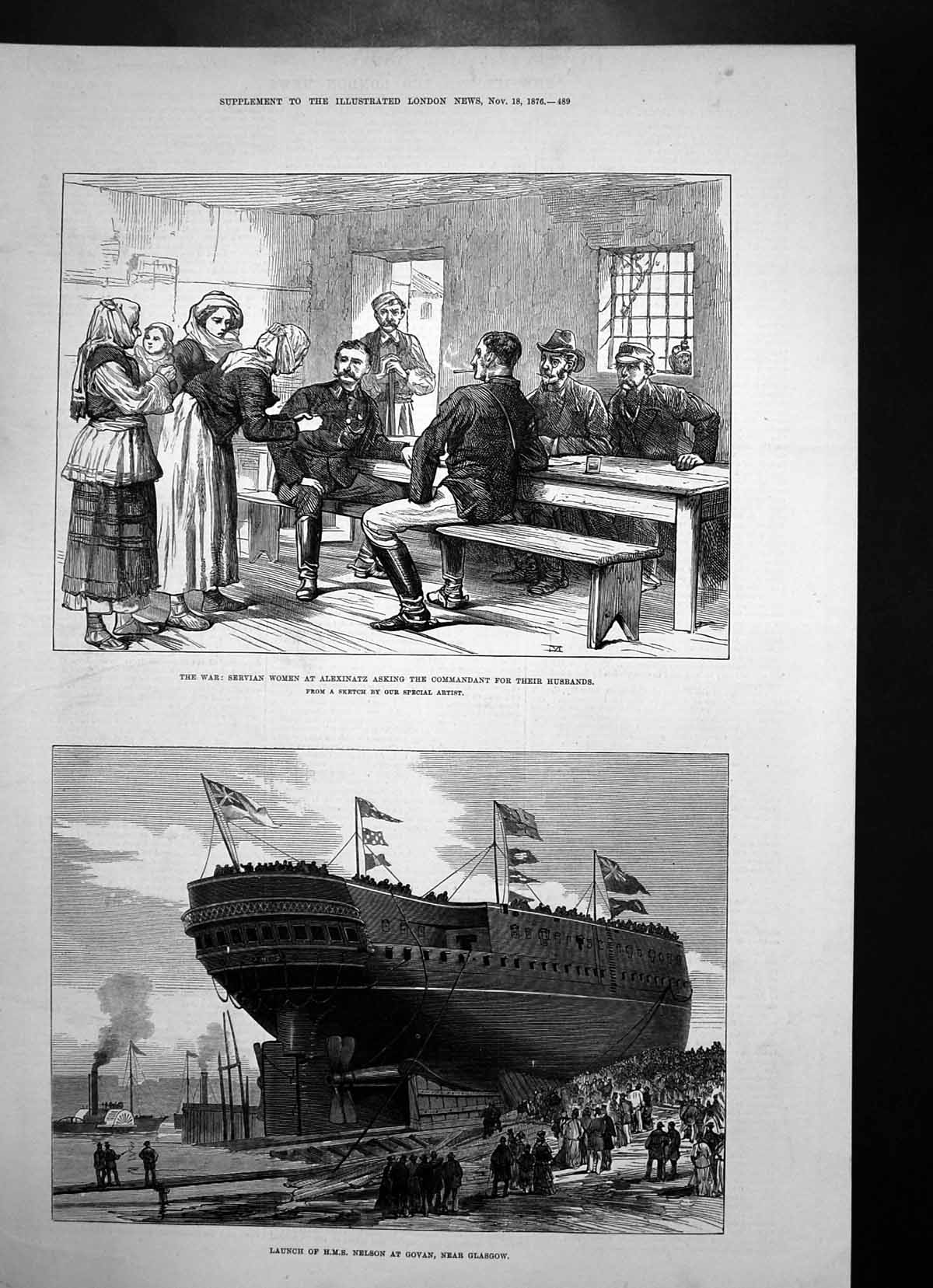 Antique Old Print Launch Hms Nelson Govan Servian Women Asking Husbands 1876