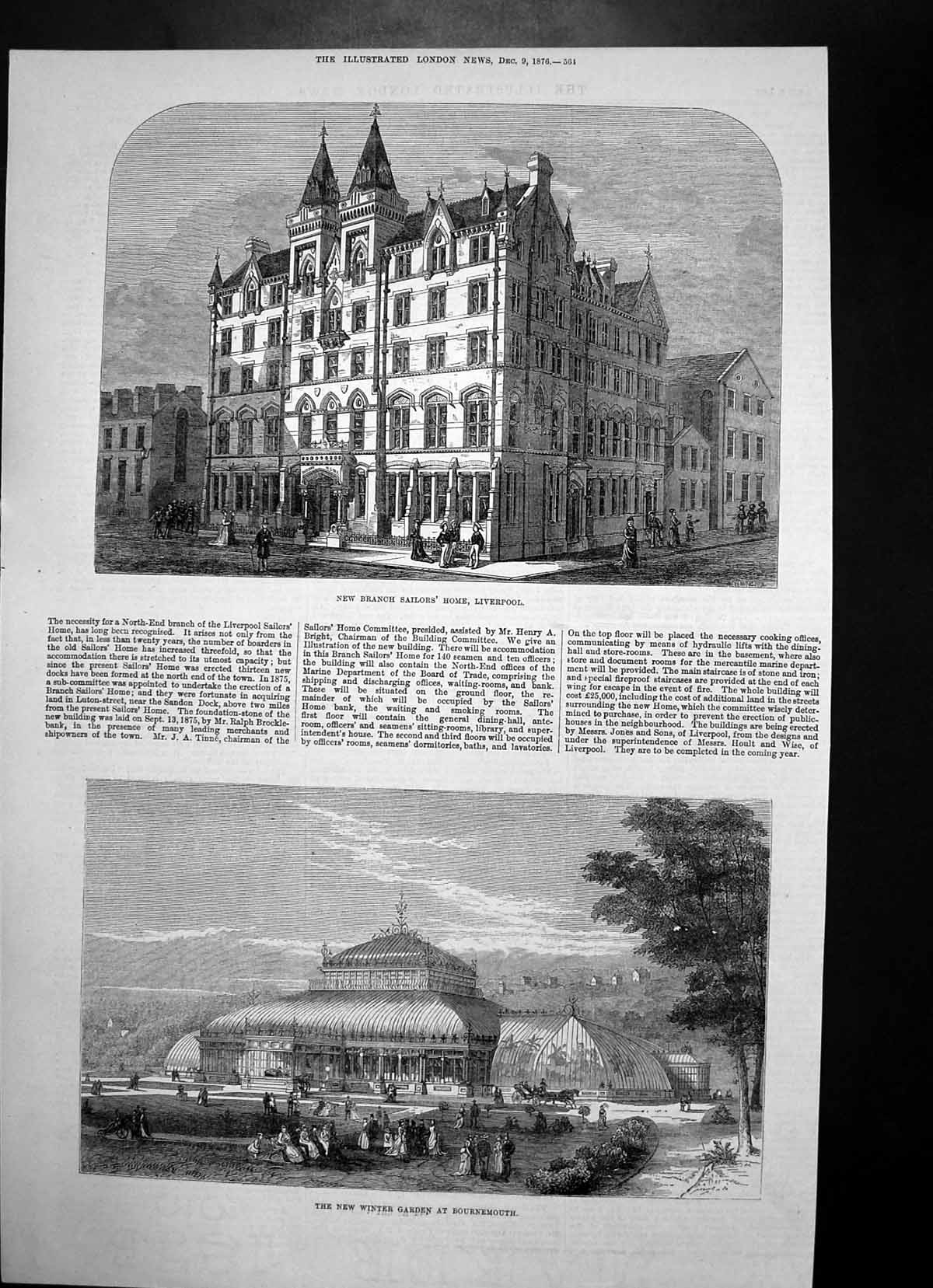 Antique Old Print New Sailors Home Liverpool Winter Garden Bournemouth 1876