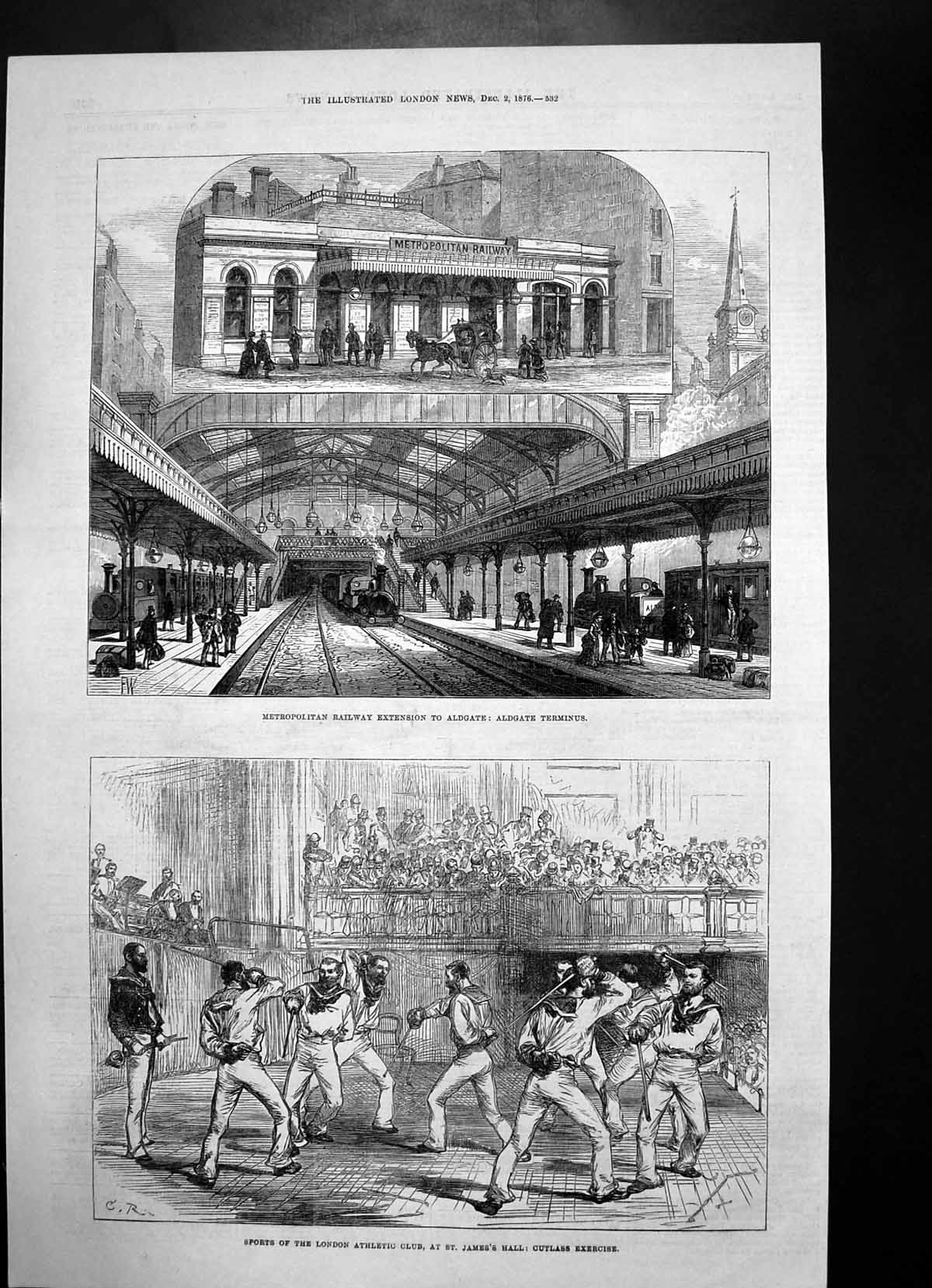 Antique Old Print Cutlass Exercise London Athletic Club Aldgate Terminus 1876