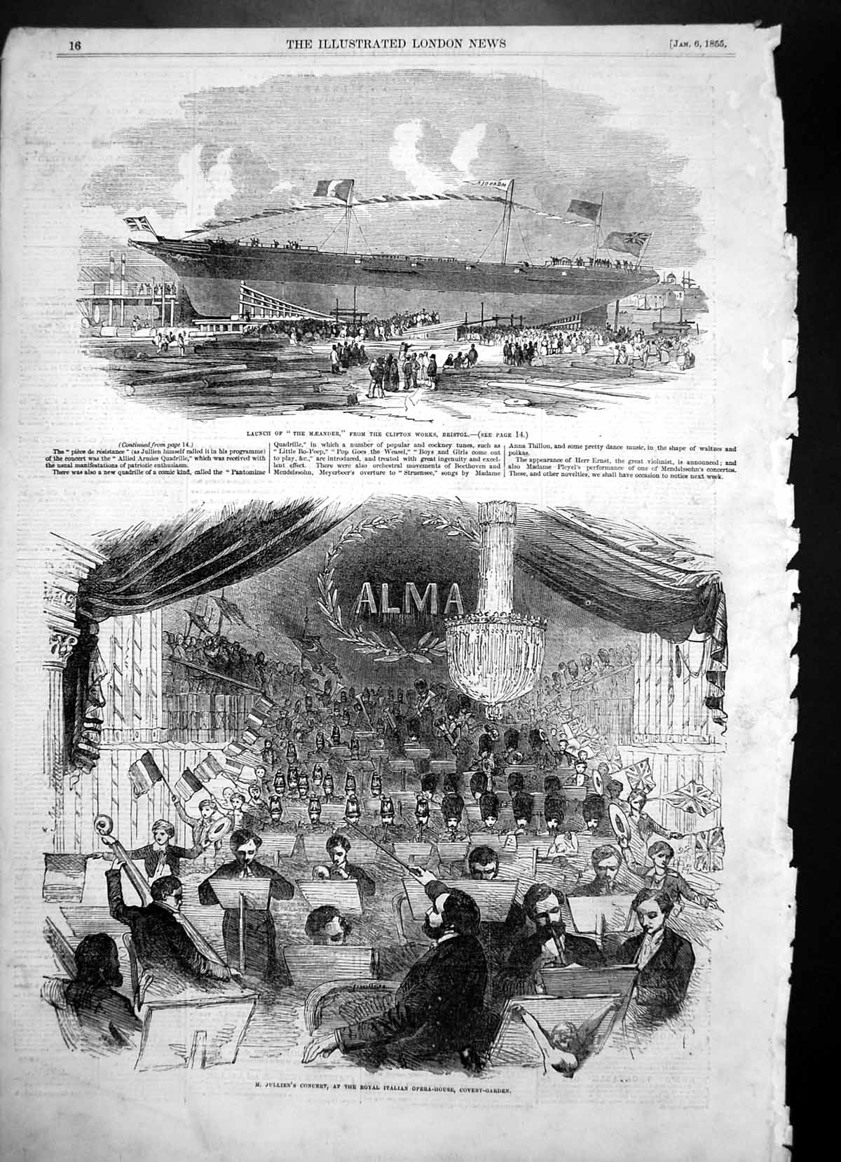 Antique Print Launch Meander Bristol M Julliens Concert Italian Opera 1855 19th