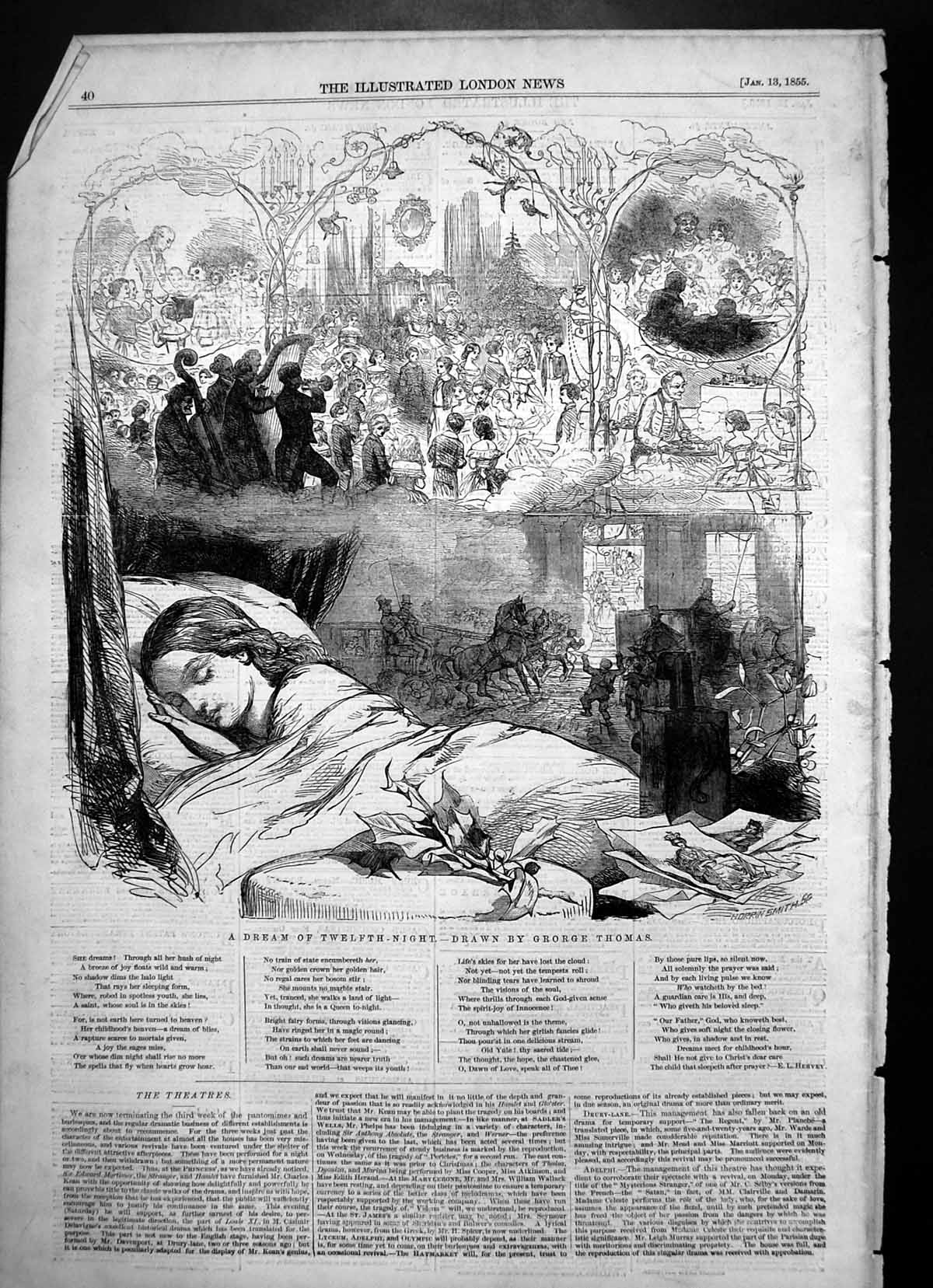 Original Old Antique Print Dream Twelfth Night George Thomas Girl Sleeping 1855