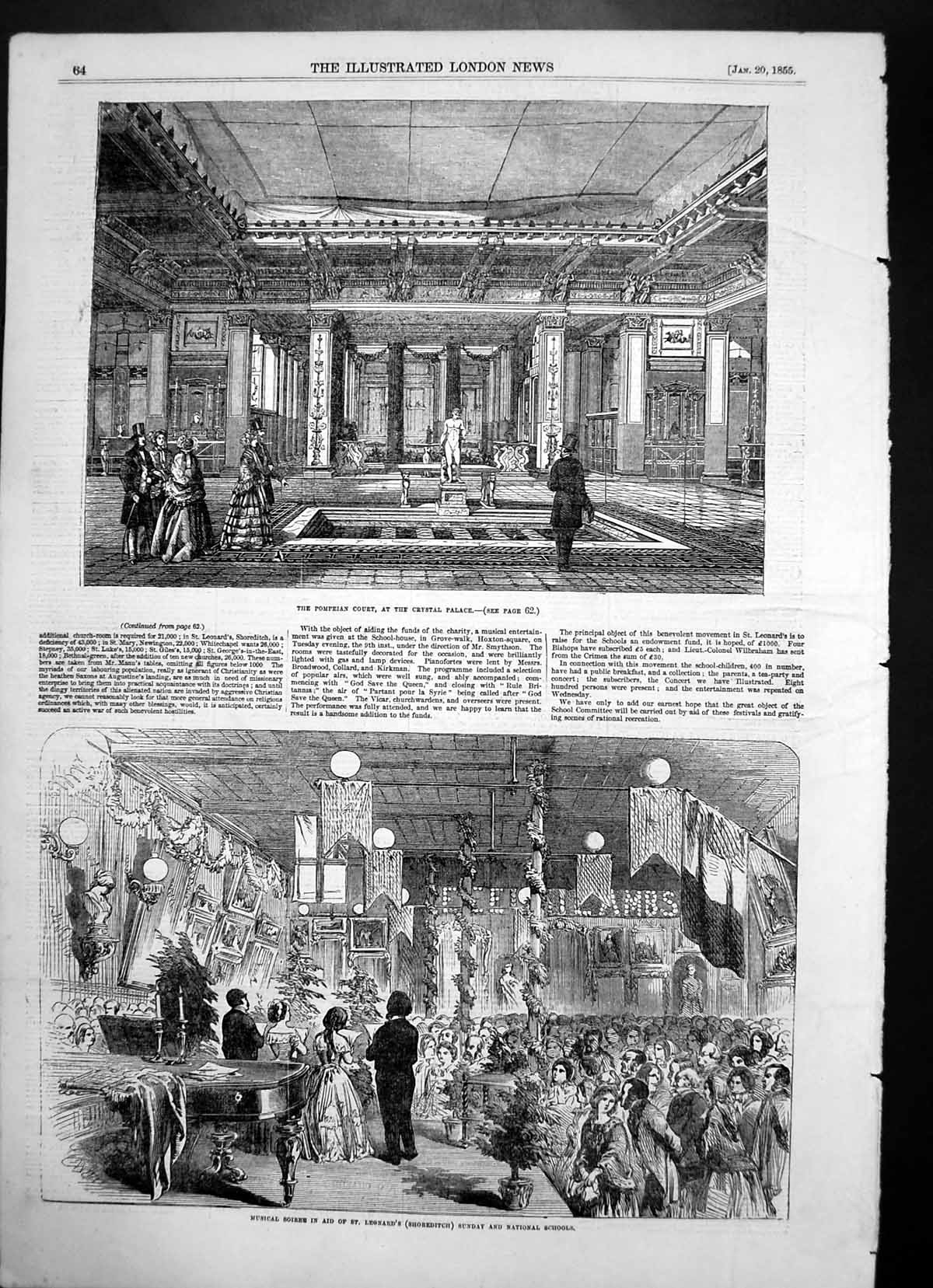 Antique Old Print Pompeian Court Crystal Palace Soiree Sunday Schools 1855 19th