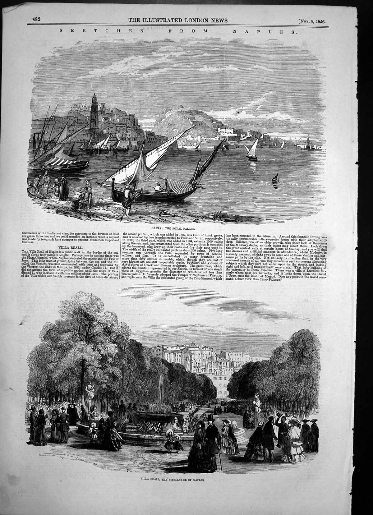 Antique Print Naples Gaeta Royal Palace Villa Reall Promenade Fountain 1856