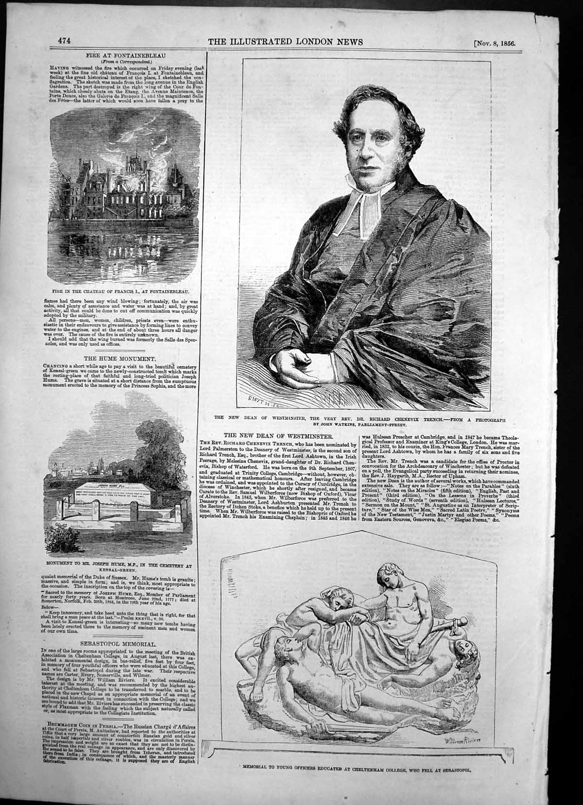 Antique Old Print Dean Westminster Dr Richard Trench Monument Joseph Hume1856