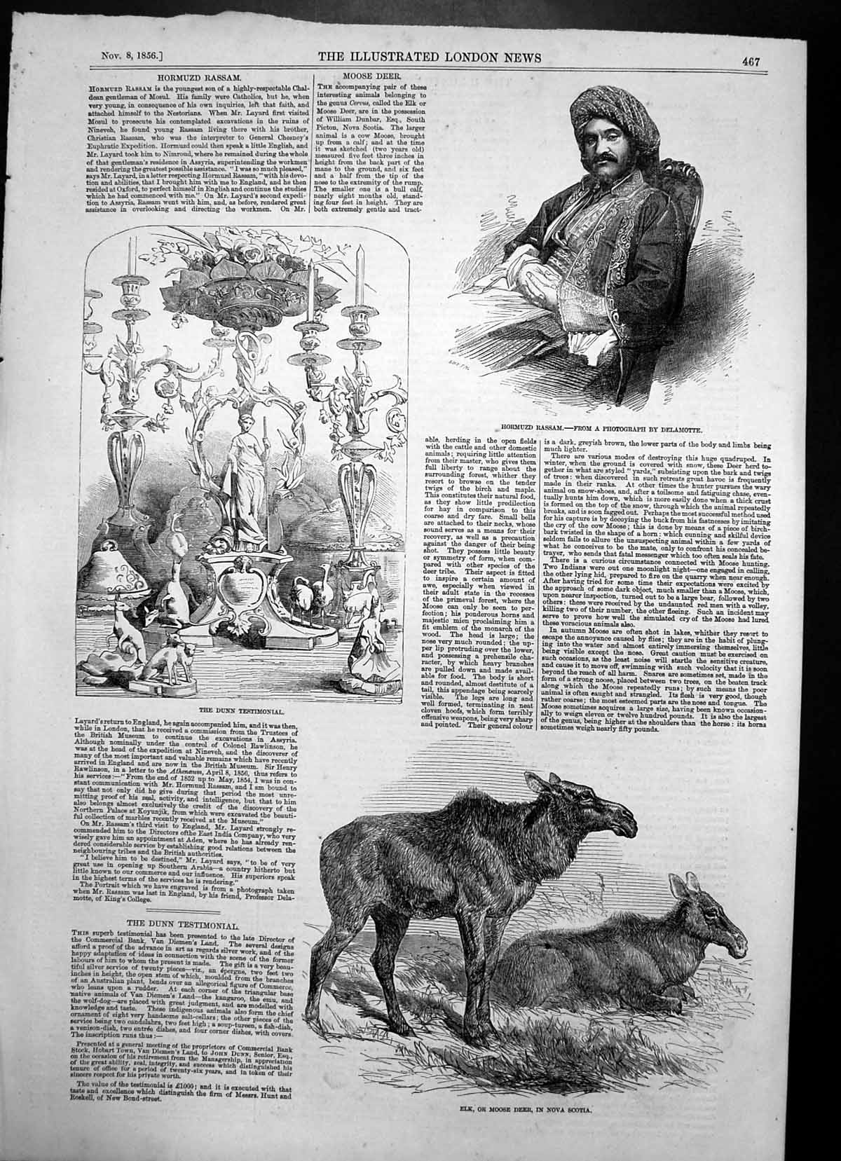Original Old Antique Print Hormuzd Rassam Dunn Testimonial Elk Nova Scotia 1856