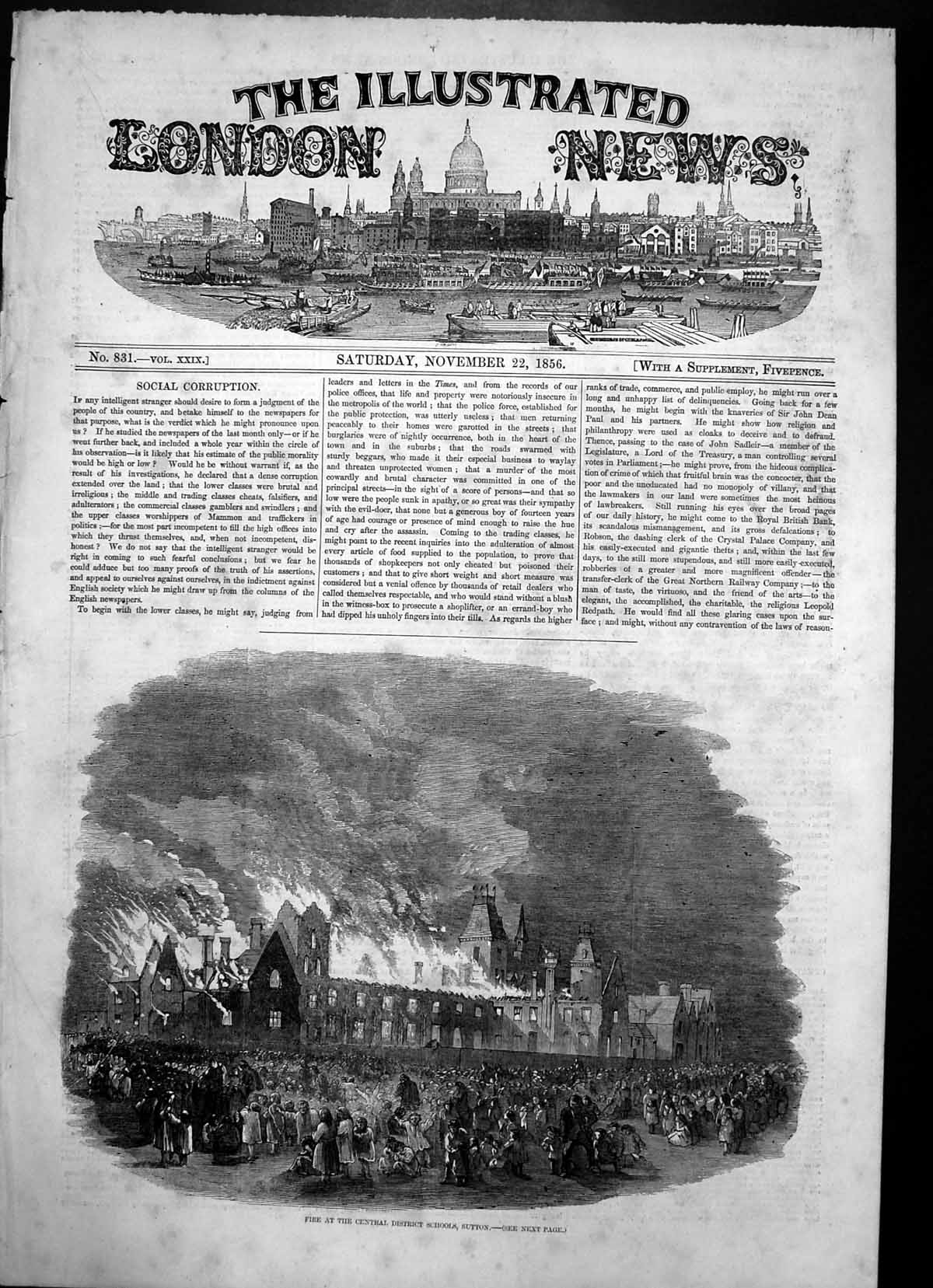 Old Antique Print Fire Central District Schools Sutton Crowds Watch 1856 19th