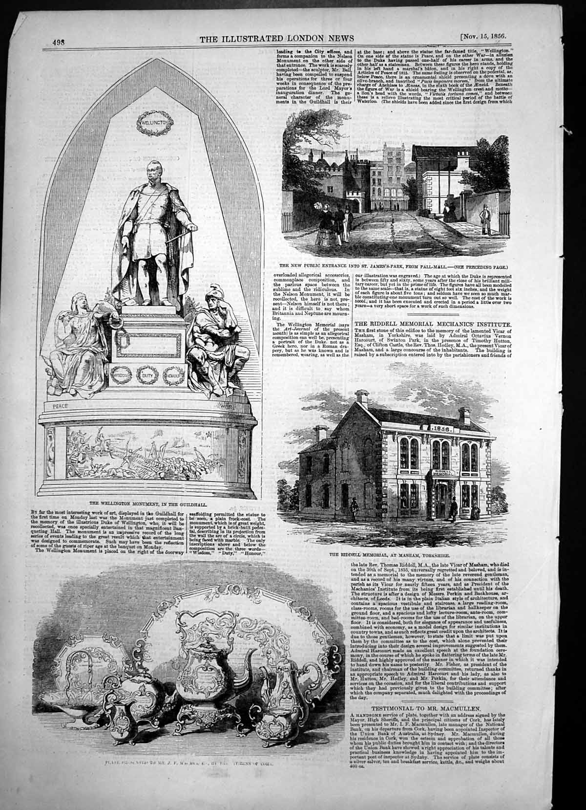 Antique Old Print Wellington Monument Guildhall Riddell Memorial Masham 1856