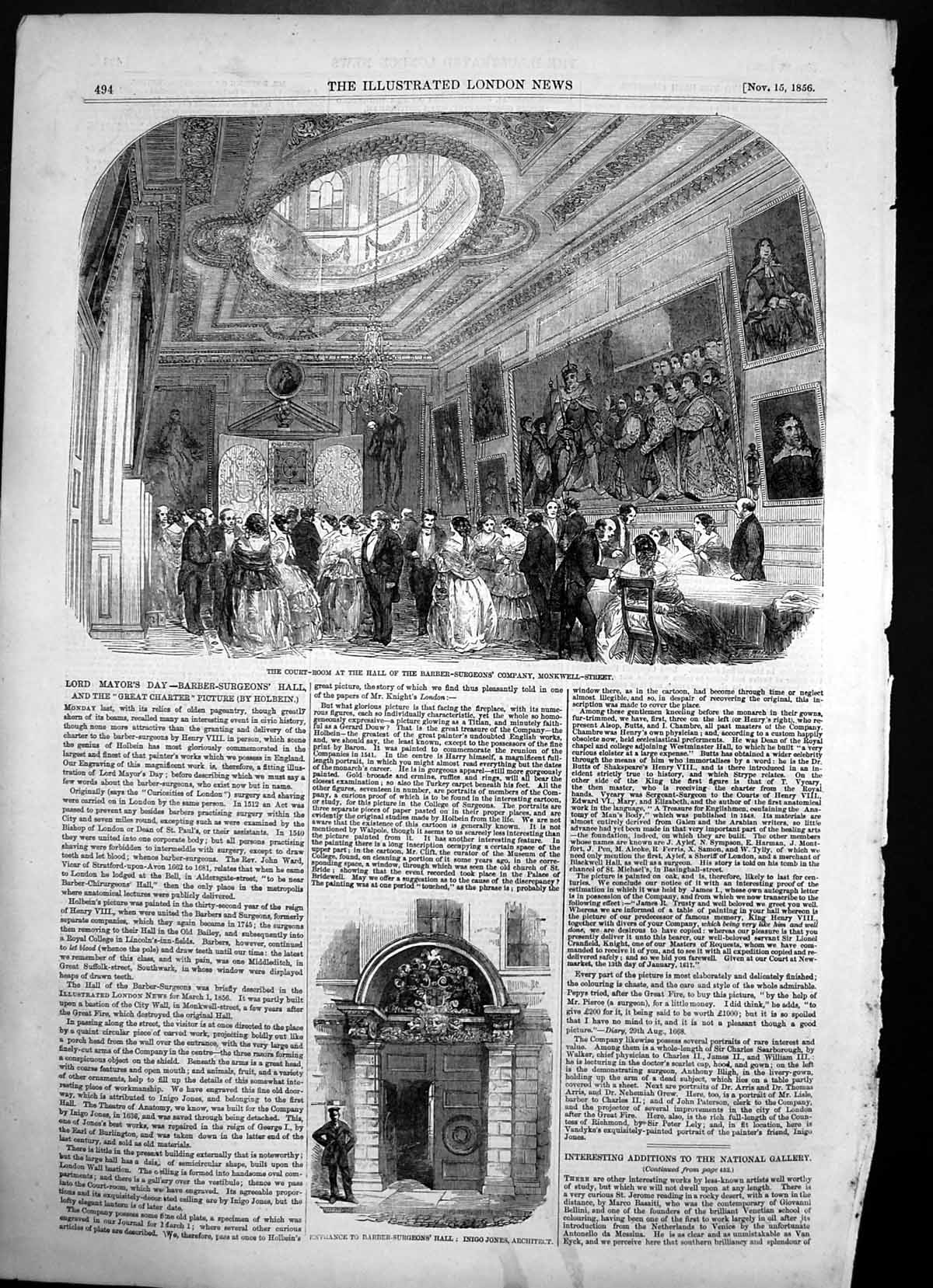 Old Antique Print Court Room Hall Barber Surgeons Co Monkwell Street 1856 19th