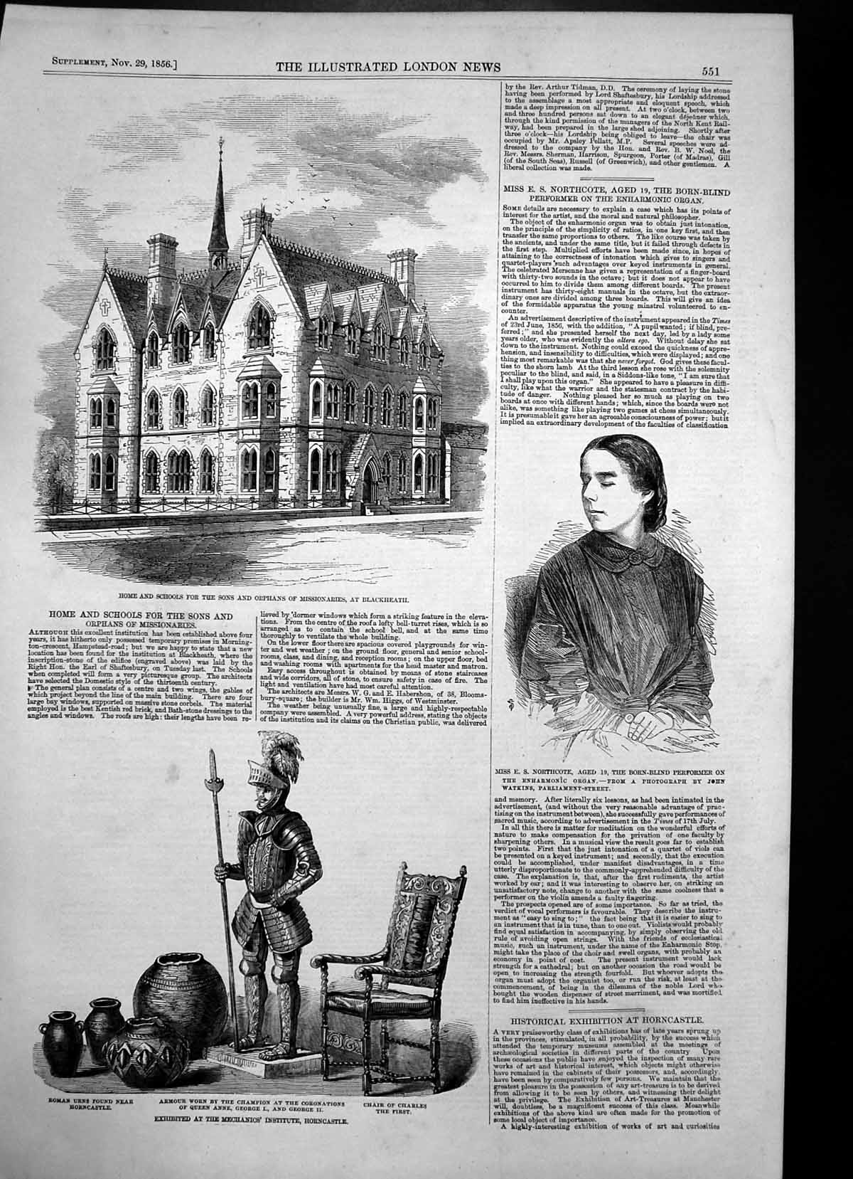 Antique Print Home Sons Missionaries Blackheath Miss E Northcote Blind 1856