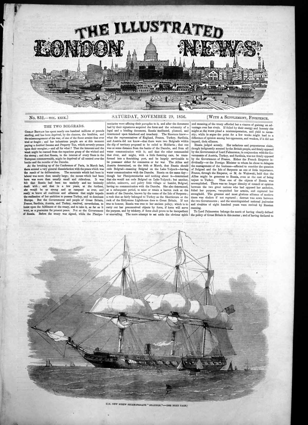 Original Old Antique Print Hm New Screw Steam Frigate Shannon 51 Guns 1856