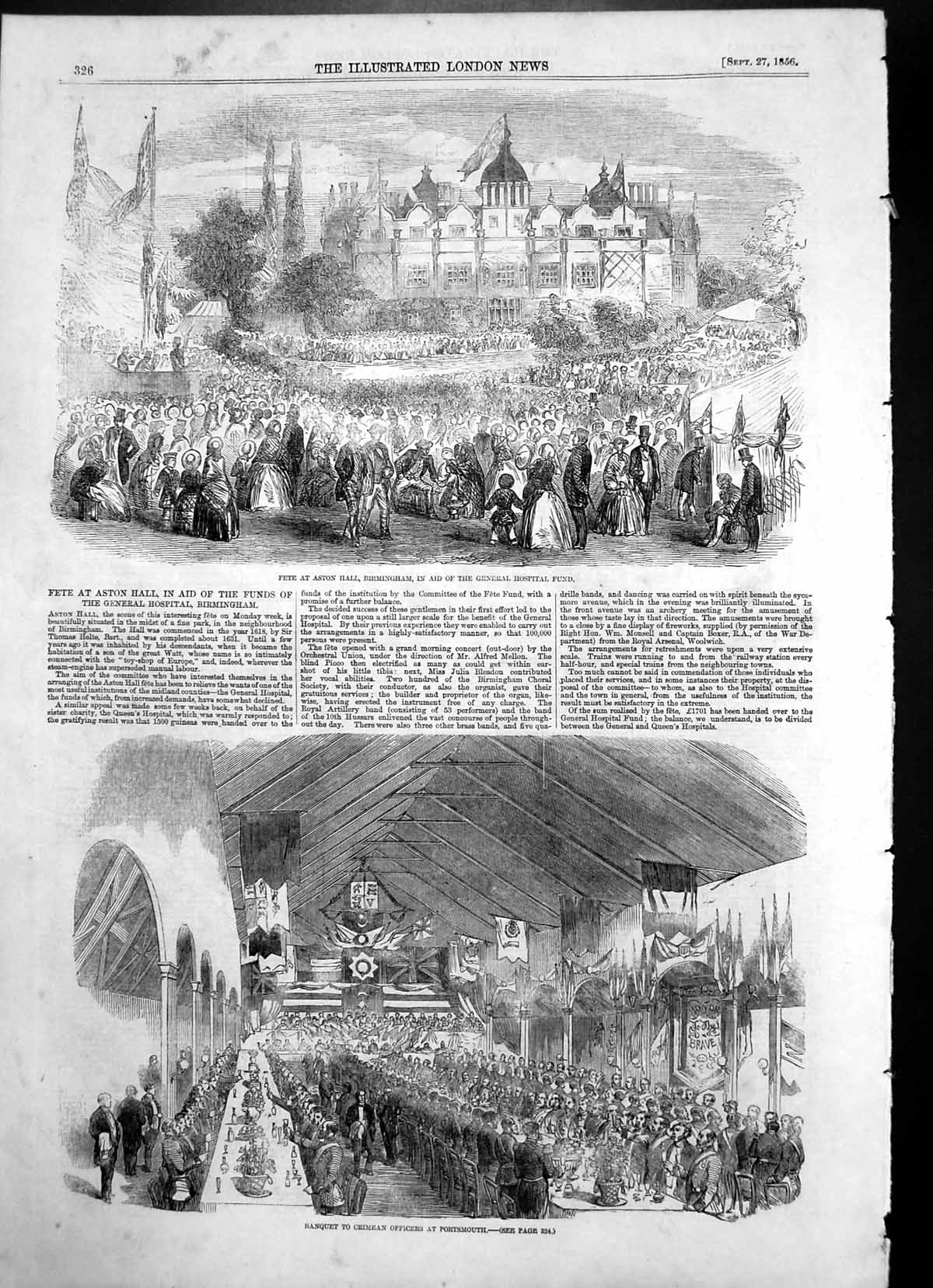 Antique Old Print Fete Aston Hall Birmingham Banquet Crimean Officers 1856 19th