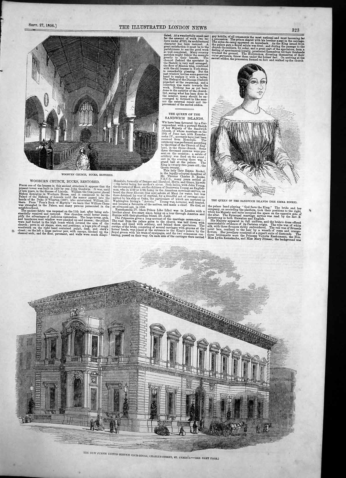 Antique Old Print Queen Sandwich Islands Wooburn Church Bucks Restored 1856