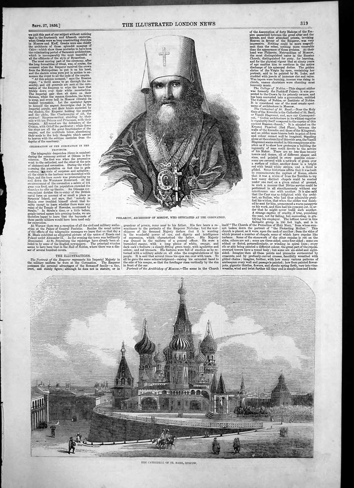 Antique Old Print Cathedral St Basil Moscow Philarete Archbishop Moscow 1856