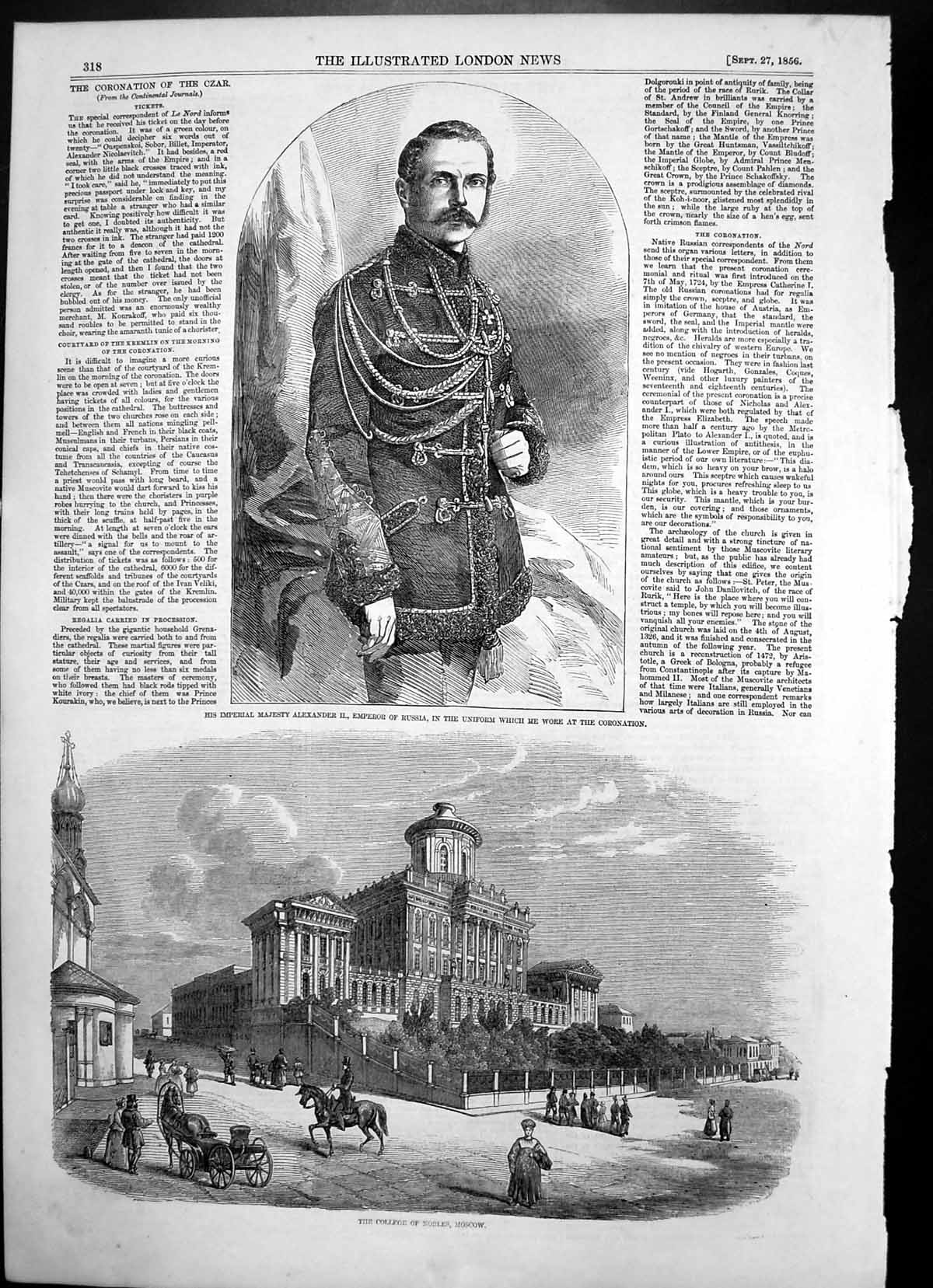 Old Antique Print College Nobles Moscow Emperor Russia Alexander11 1856