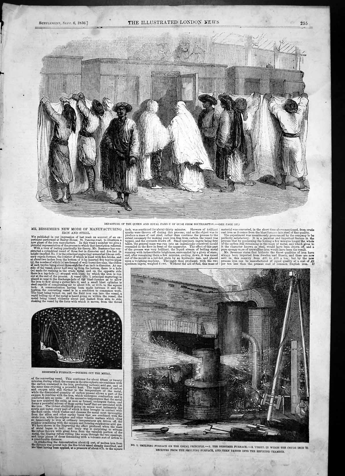 Antique Old Print Bessemeres Manufacturing Iron Steel Smelting Furnace 1856