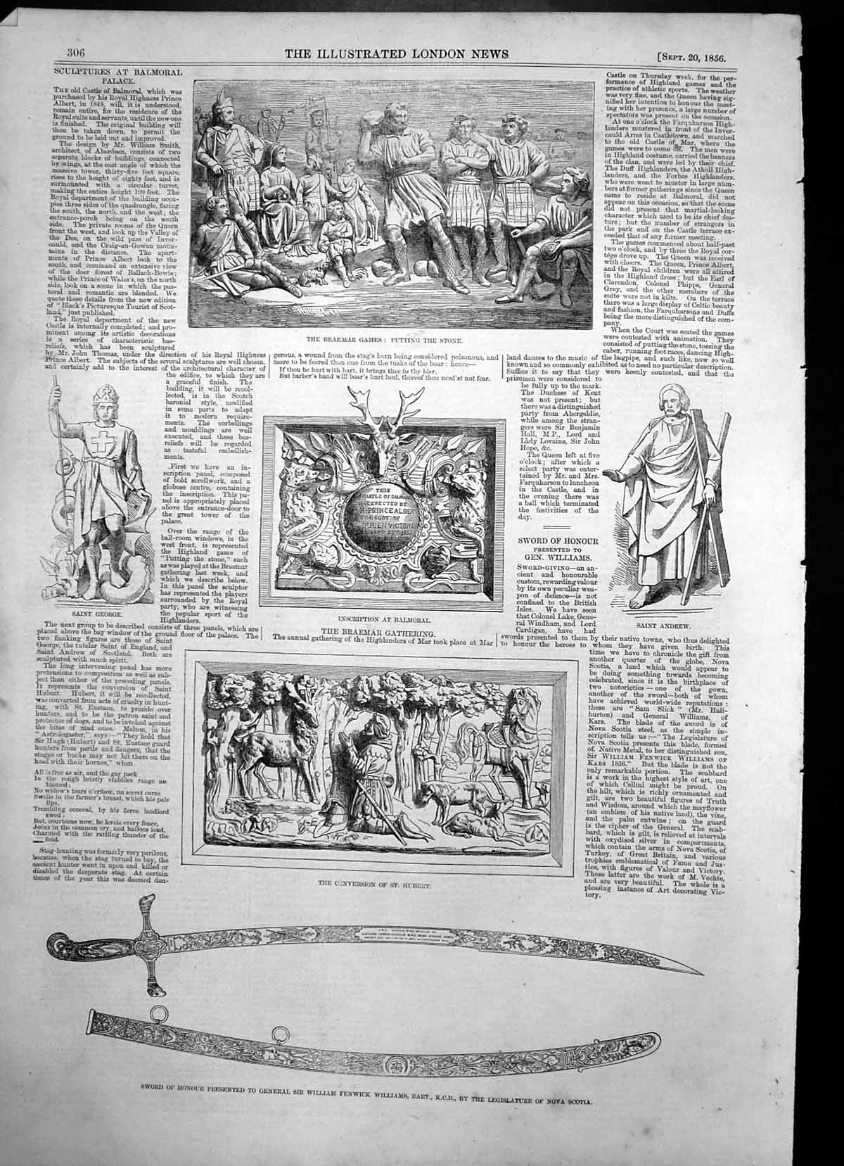 Antique Old Print Sculptures Balmoral Palace Saint Andrew Braemar Games 1856
