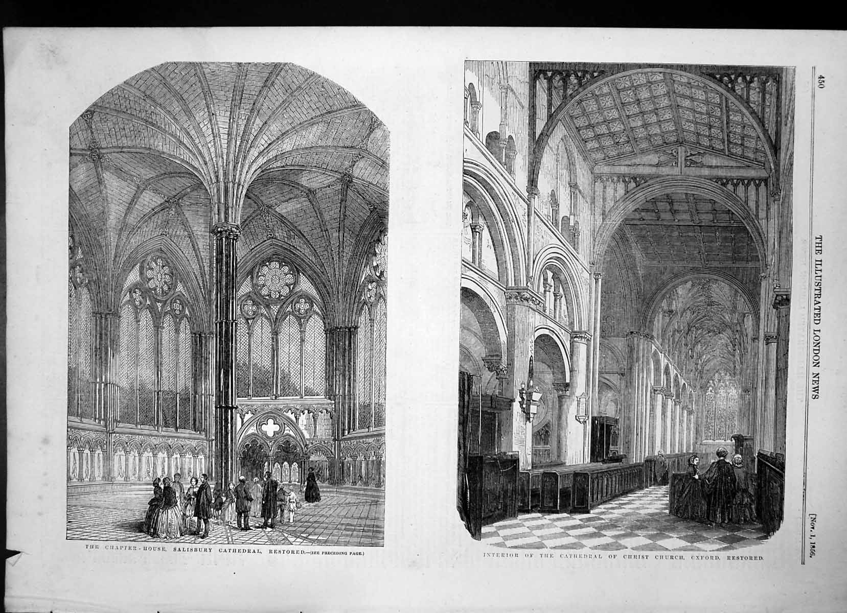 Antique Old Print Chapter House Salisbury Cathedral Christ Church Oxford 1856