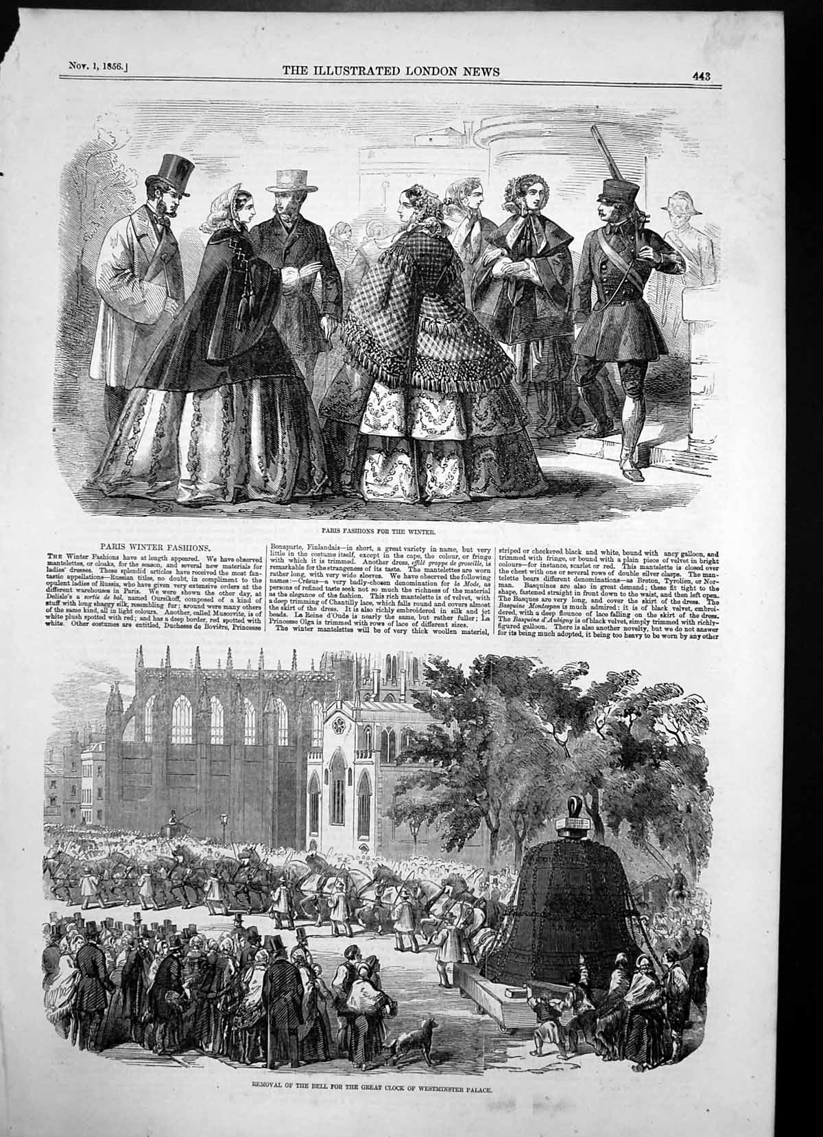 Old Print Removal Bell Great Clock Westminster Palace Paris Fashions 1856 19th