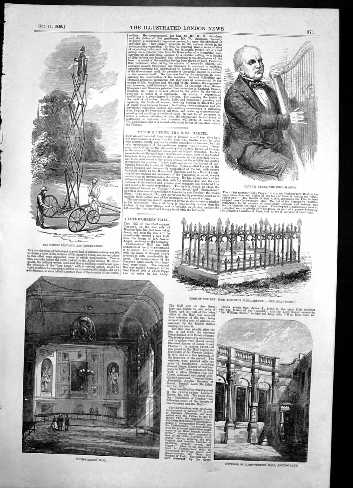 Old Print Patrick Byrne Irish Harper Clothworkers Hall Mincing Lane 1856 19th