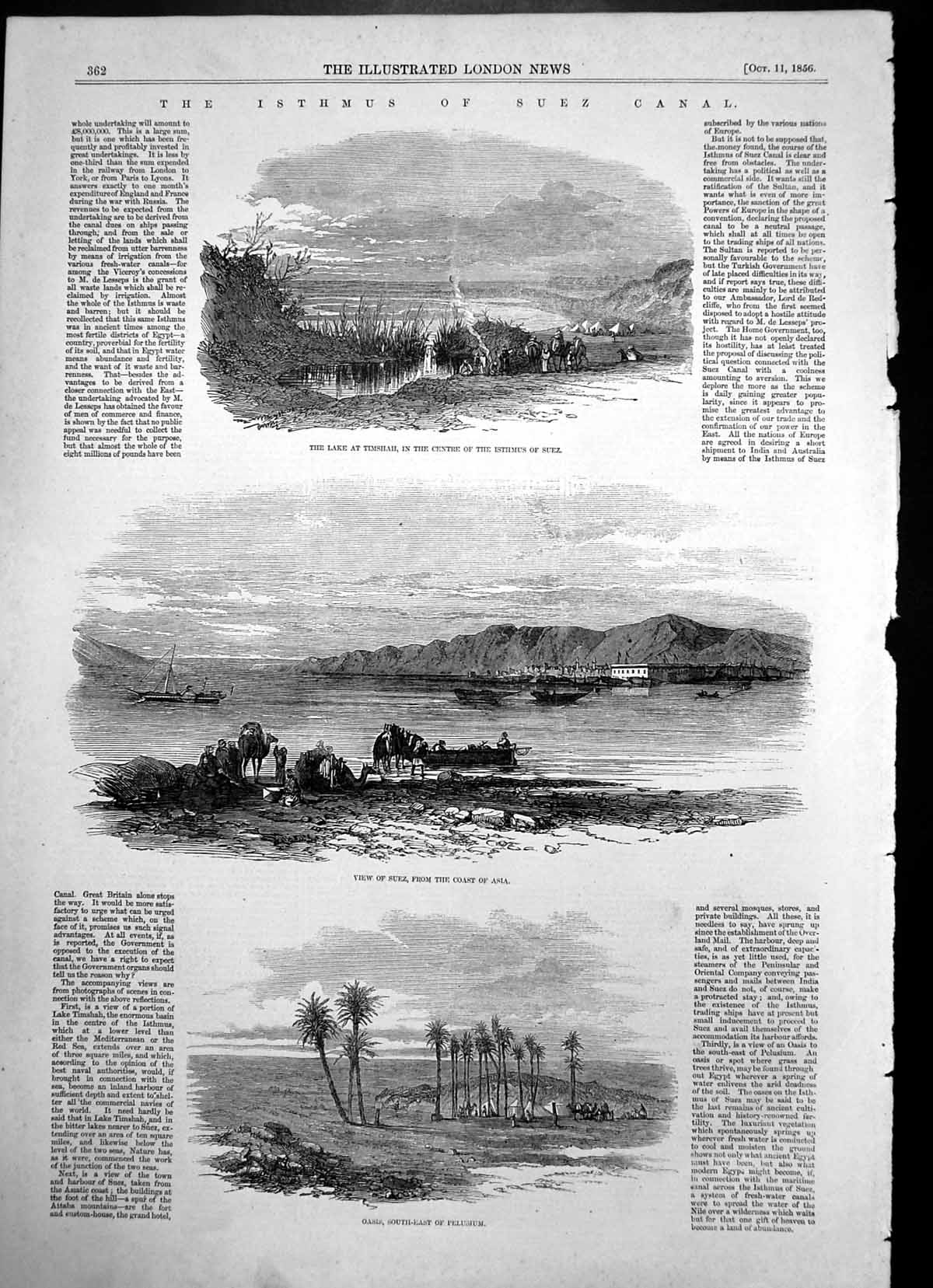 Old Print Isthmus Suez Canal Lake Timshah Oasis Pelusium Coast Asia 1856 19th