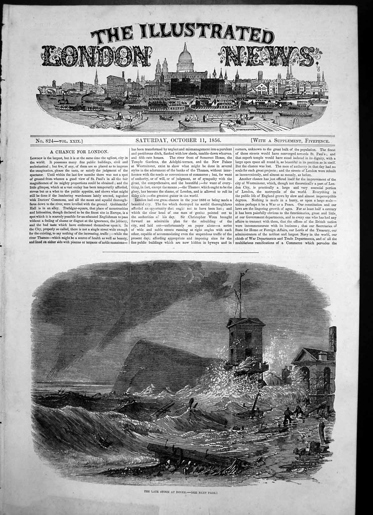 Antique Old Print Late Storm Dover Sea Raging Damaged Pier Huge Waves 1856 19th