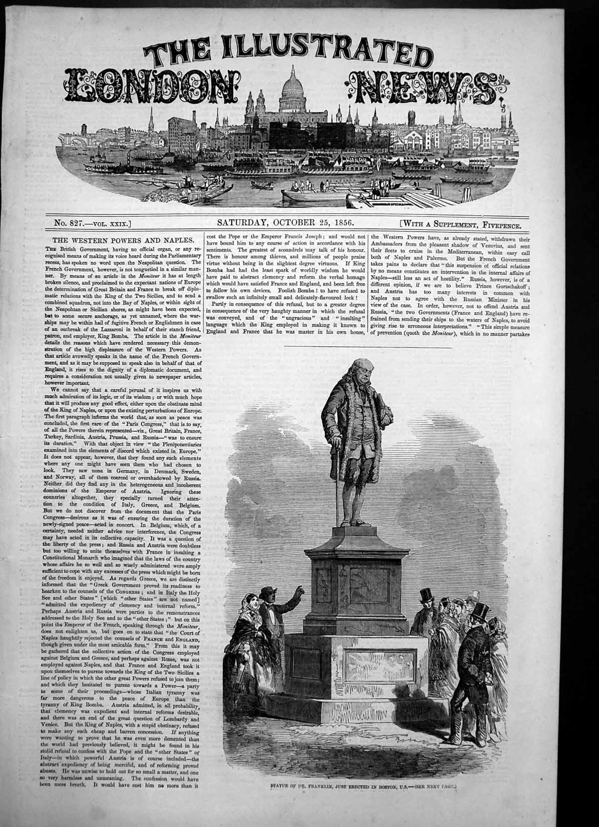 Original Old Antique Print Statue Dr Franklin Just Erected Boston U S 1856 19th