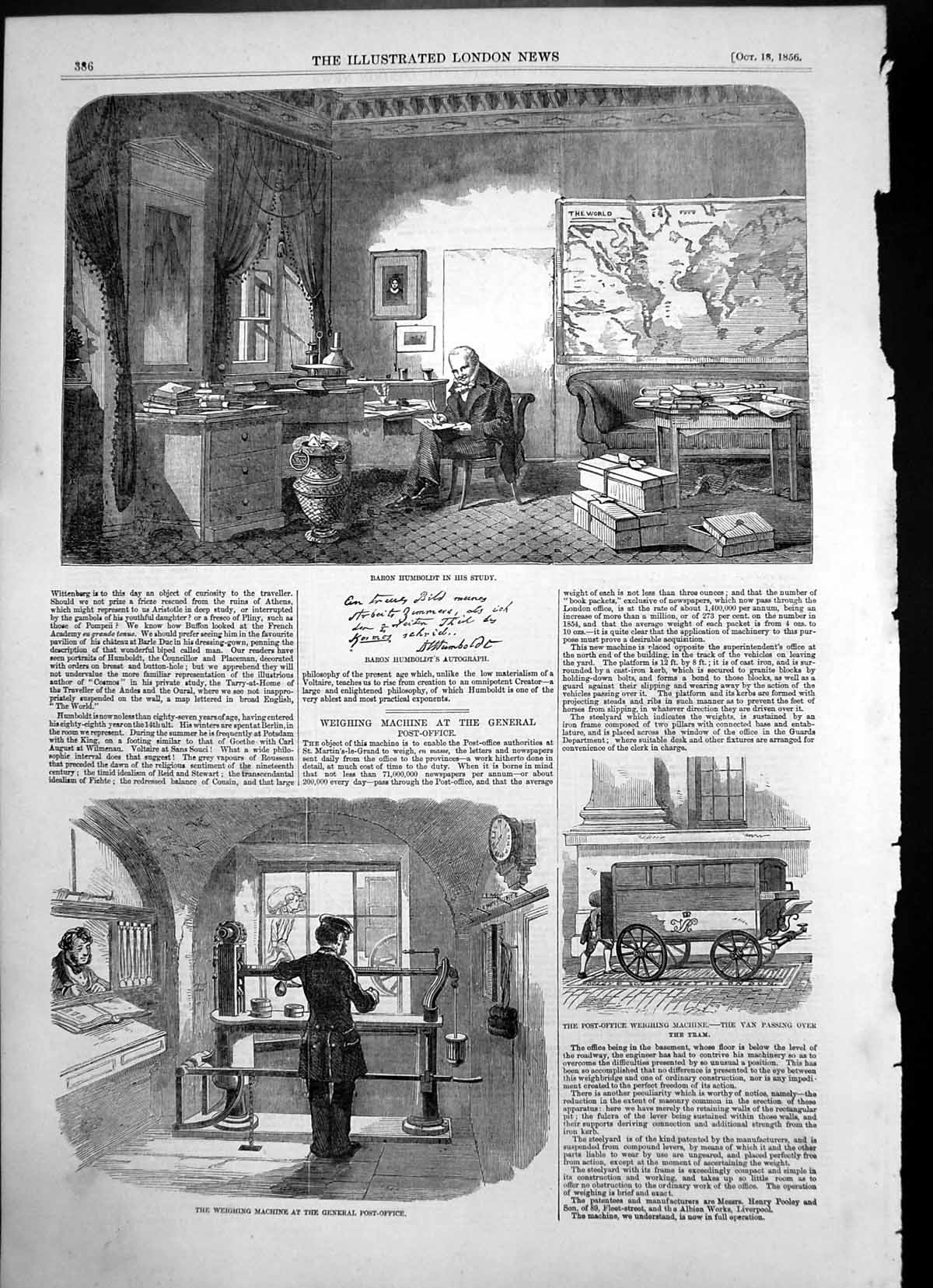 Old Antique Print Baron Humbt Weighing Machine General Post Office 1856 19th