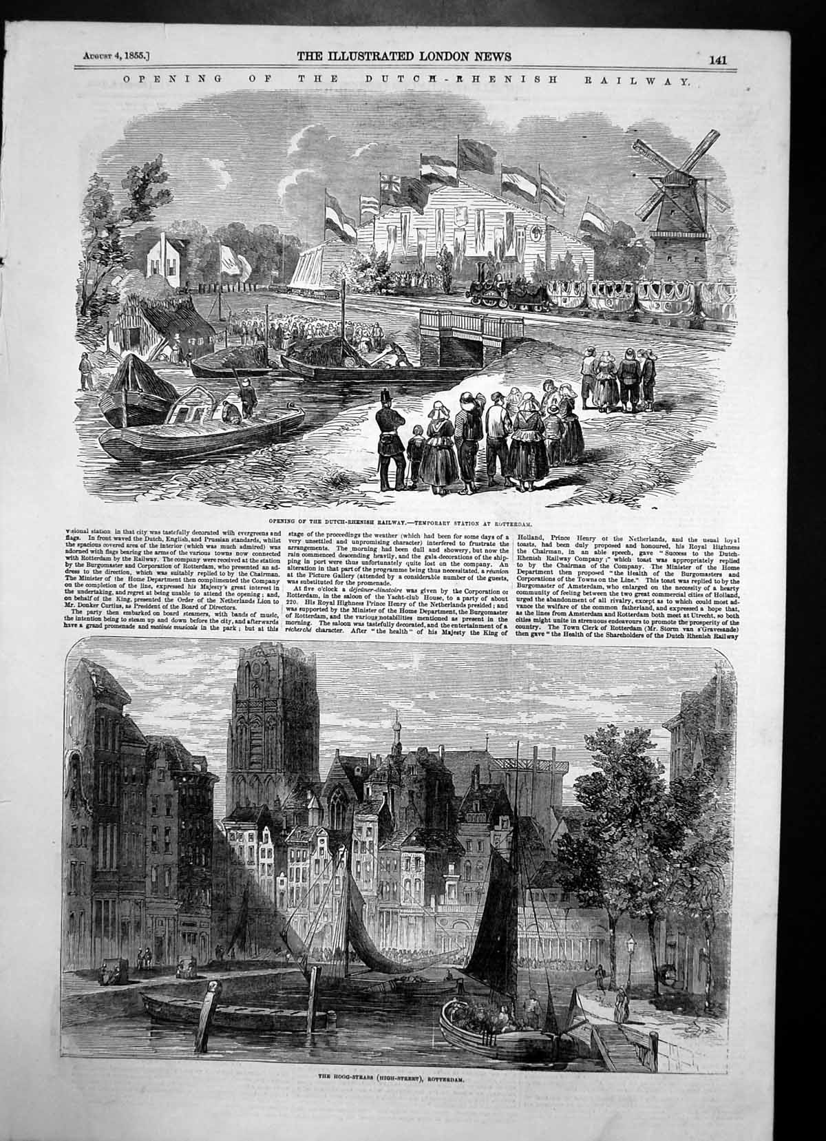 Antique Old Print High Street Rotterdam Opening Dutch Rhenish Railway 1855 19th