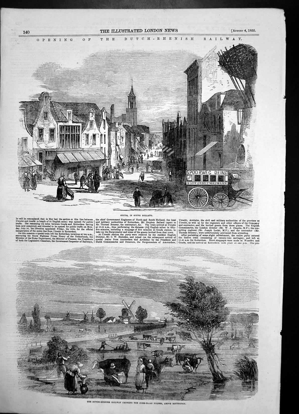 Old Antique Print Gouda Holland Dutch Rhenish Railway Zyde Plaas Per 1855 19th