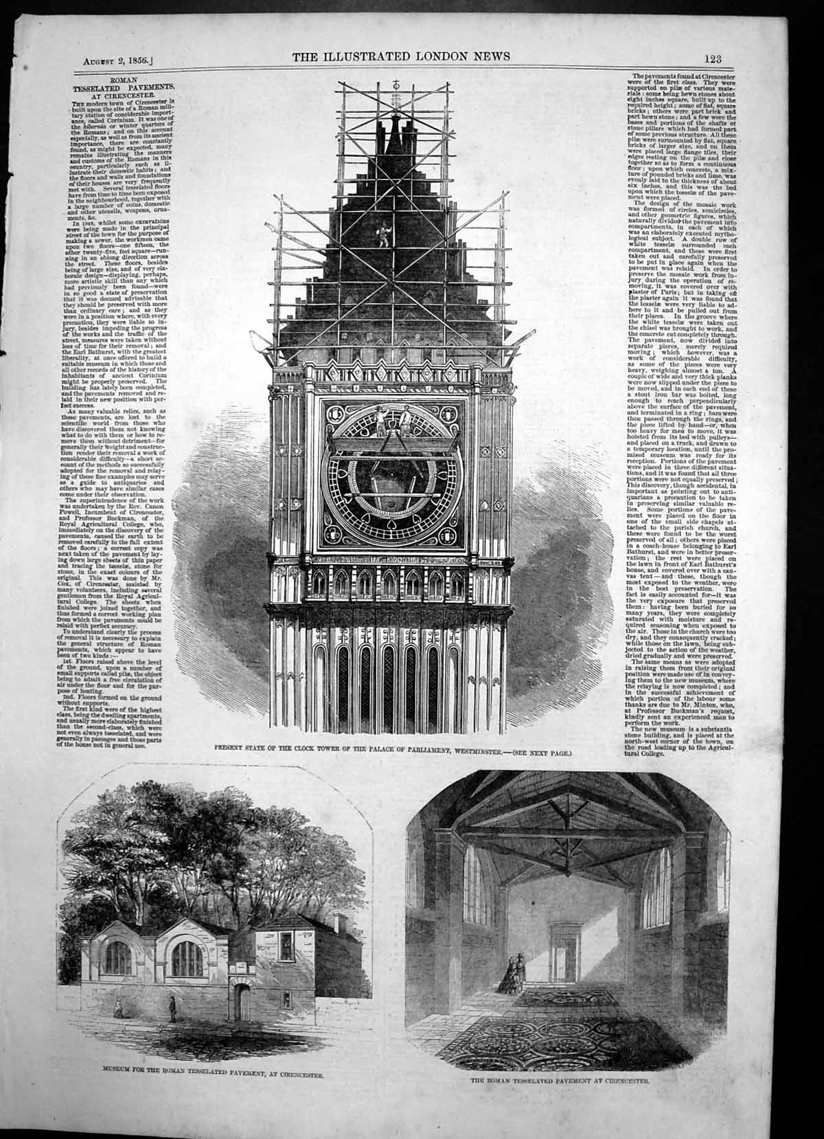 Antique Print Clock Tower Westminster Tesselated Pavement Cirencester 1856 19th