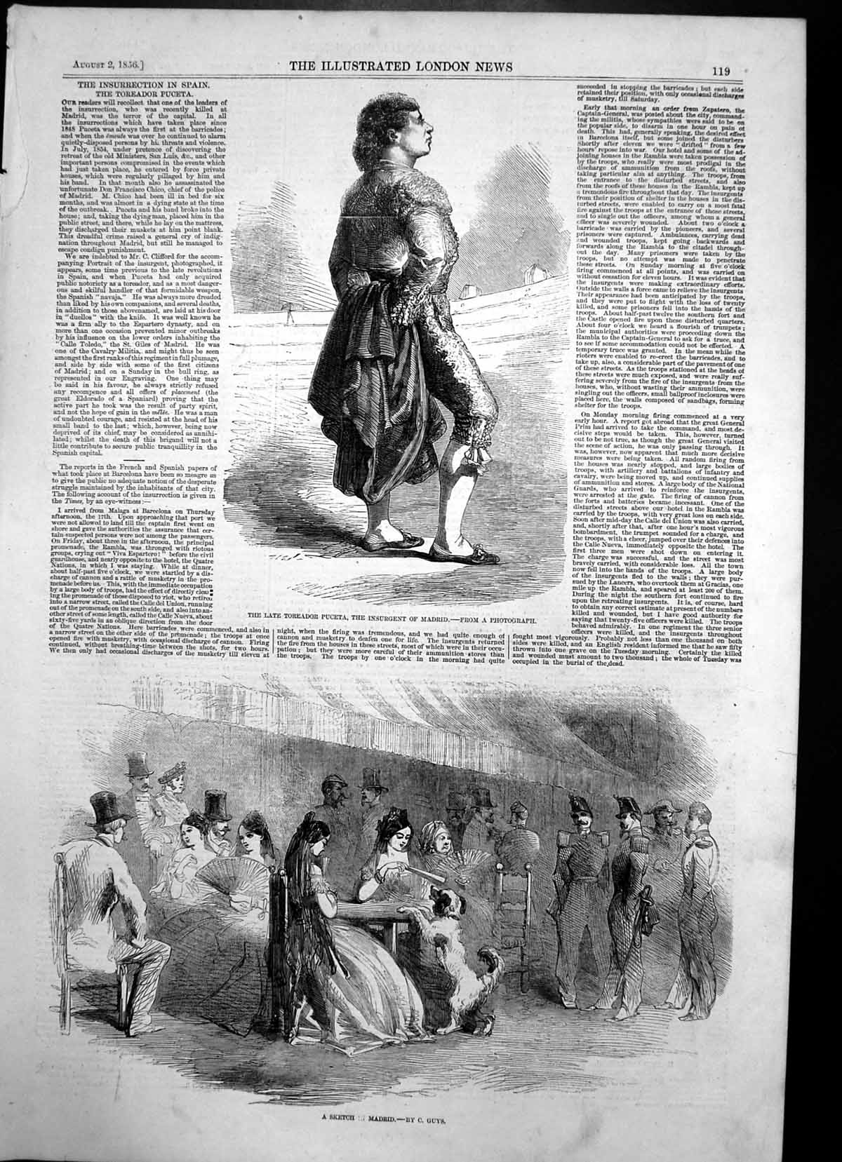 Old Antique Print Toreador Puceta Insurgent Madrid Siers Ladies Dog 1856 19th
