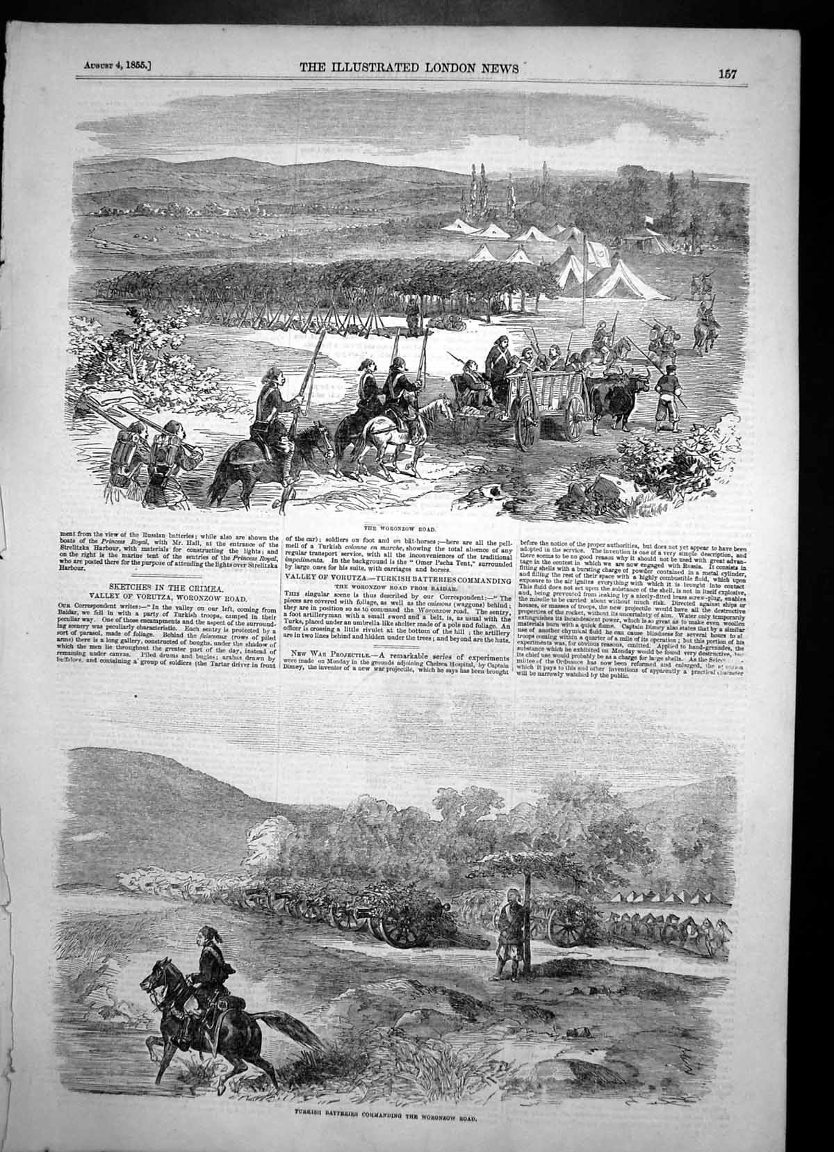 Old Antique Print Turkish Batteries Commanding Woronzow Road Crimea 1855 19th