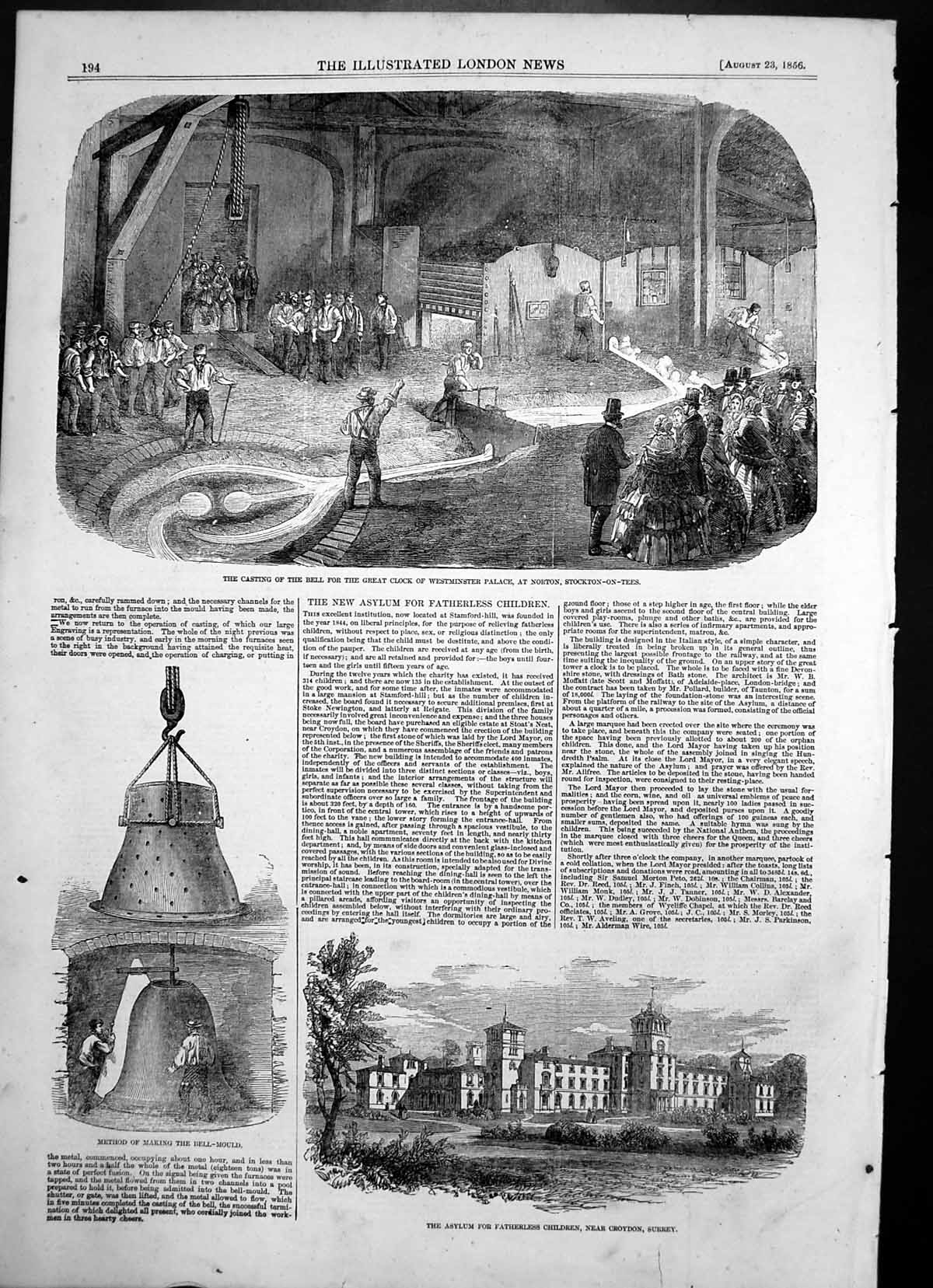 Antique Old Print Asylum Children Croydon Casting Bell Clock Westminster 1856