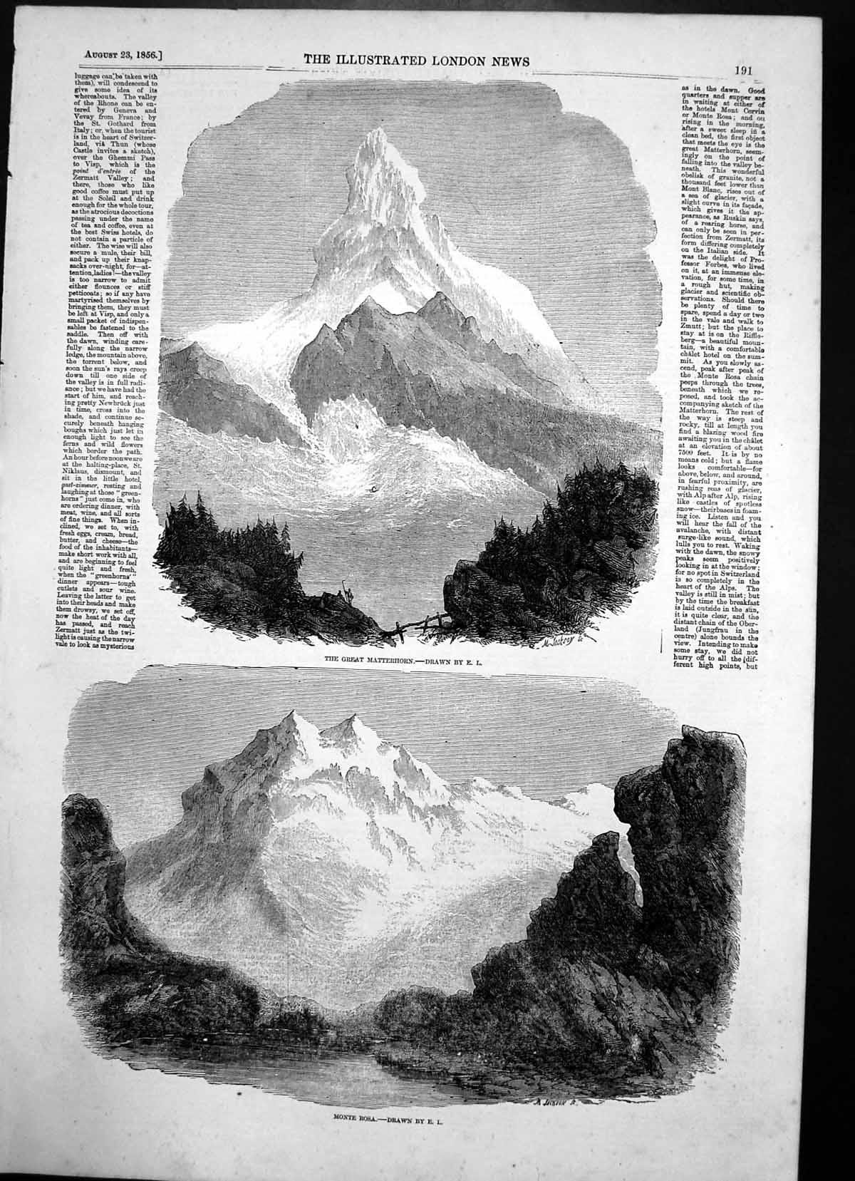 Old Antique Print Travel Alps Great Matterhorn Monte Rasa Mountain 1856 19th
