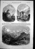 Antique Print Travel Switzerland Zermatt Valley Castle Thun St Niklaus 1856