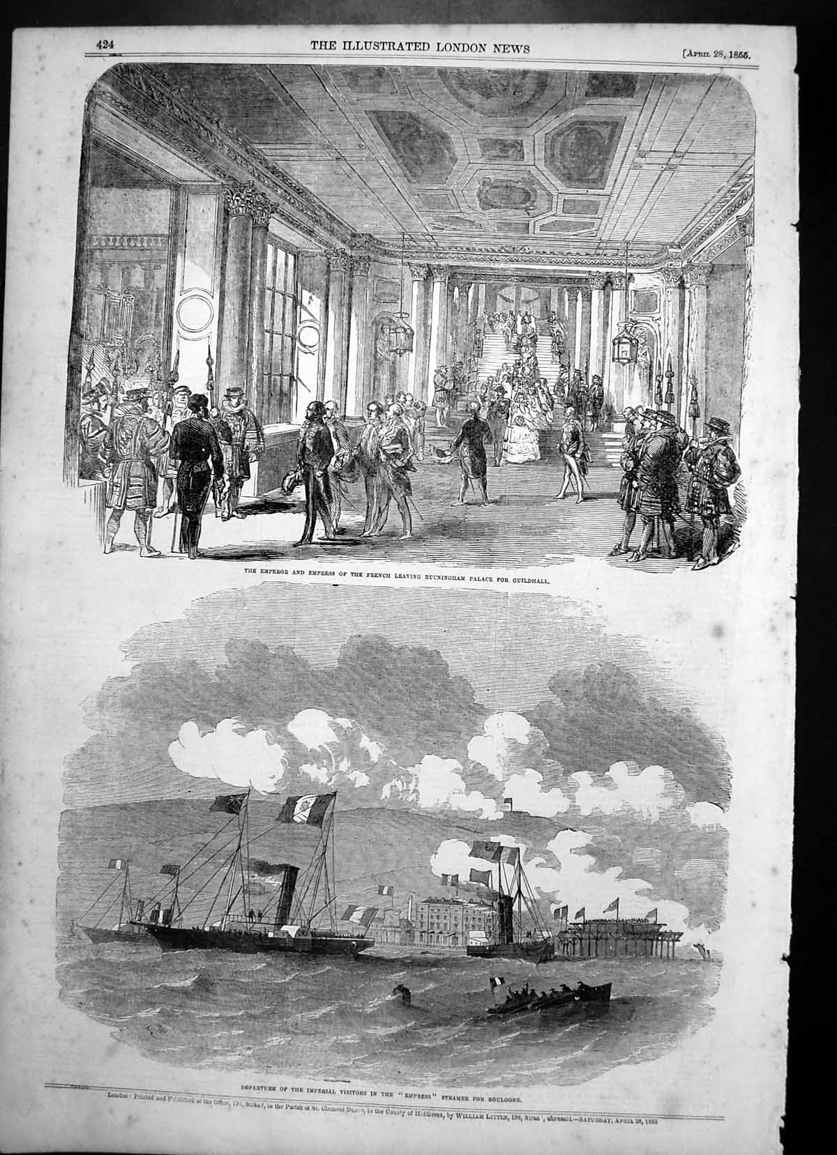 Antique Print Emperor French Buckingham Palace Depart Empress Steamer 1855 19th