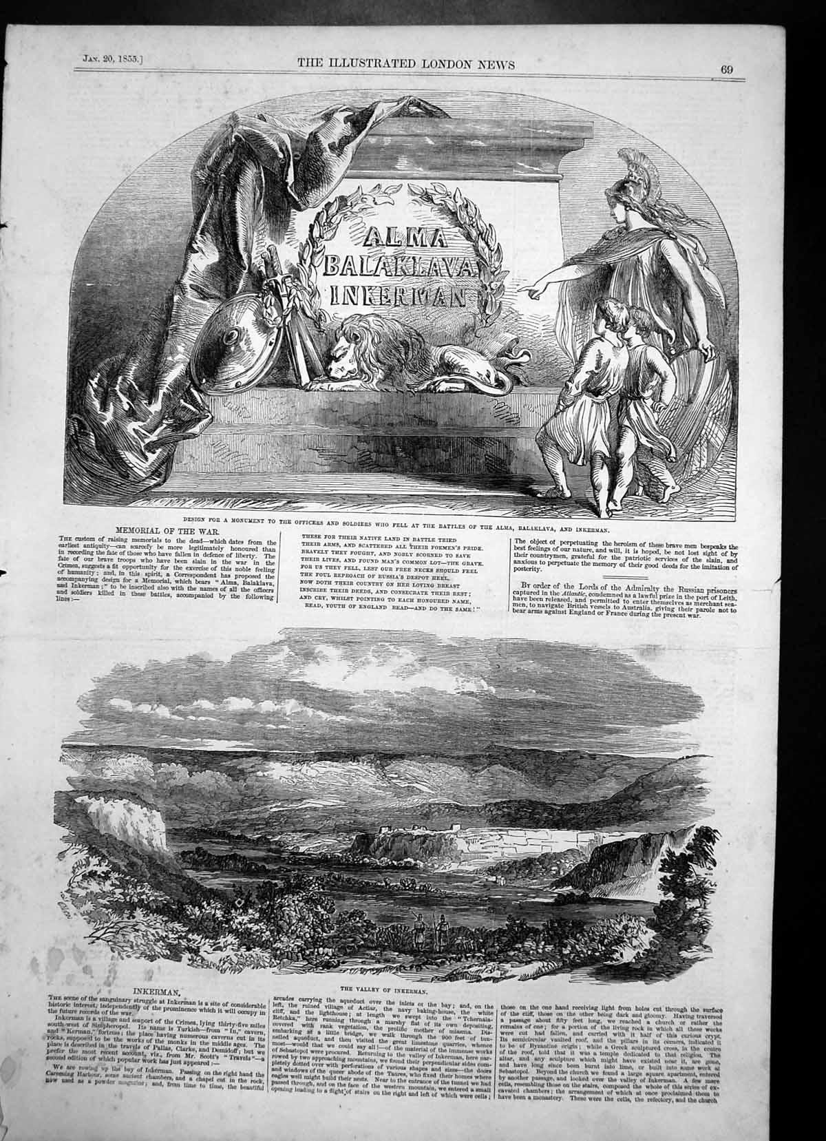 Antique Old Print Valley Inkerman Monument Dead Battles Alma Balaclava 1855