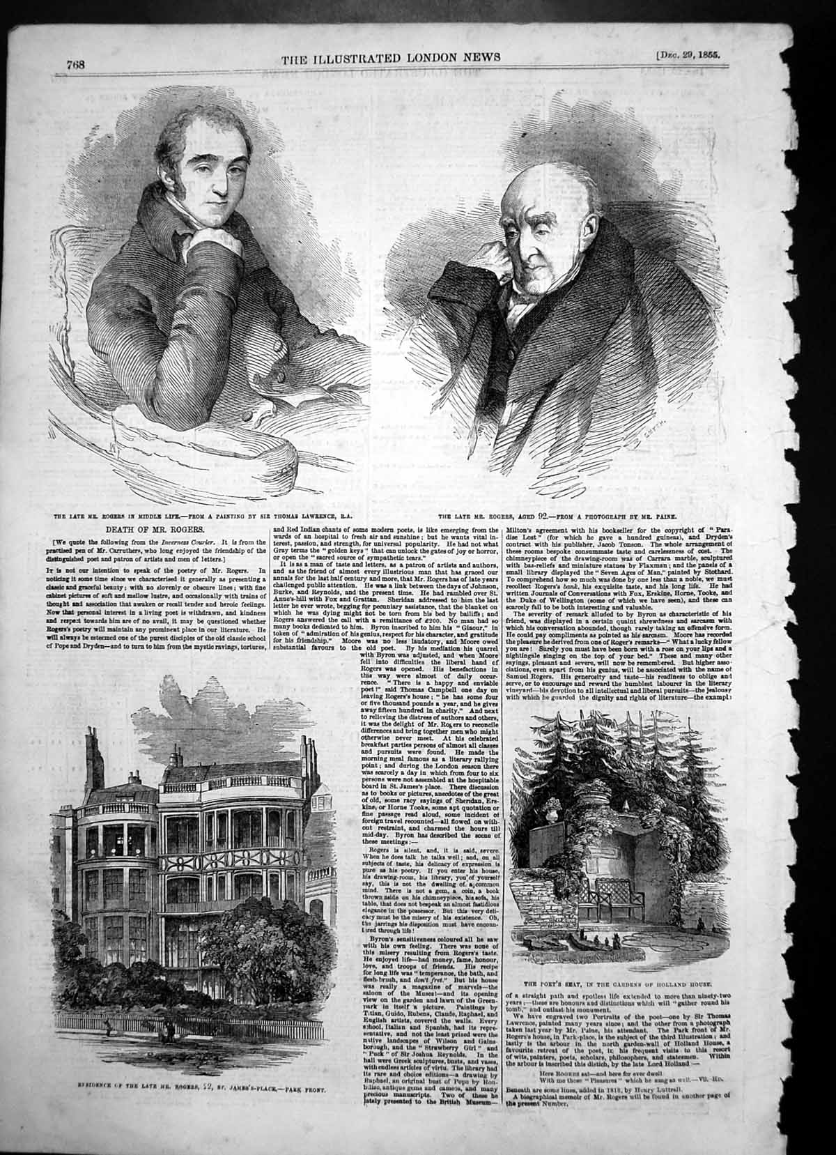 Old Print Mr Rogers Poet Residence St James Place Seat Holland House 1855 19th