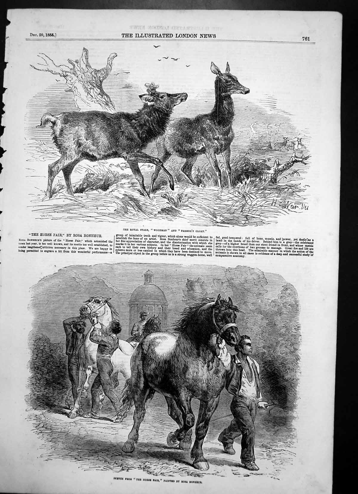 Antique Old Print Royal Stags Woodman Farmers Glory Horse Fair R Bonheur 1855