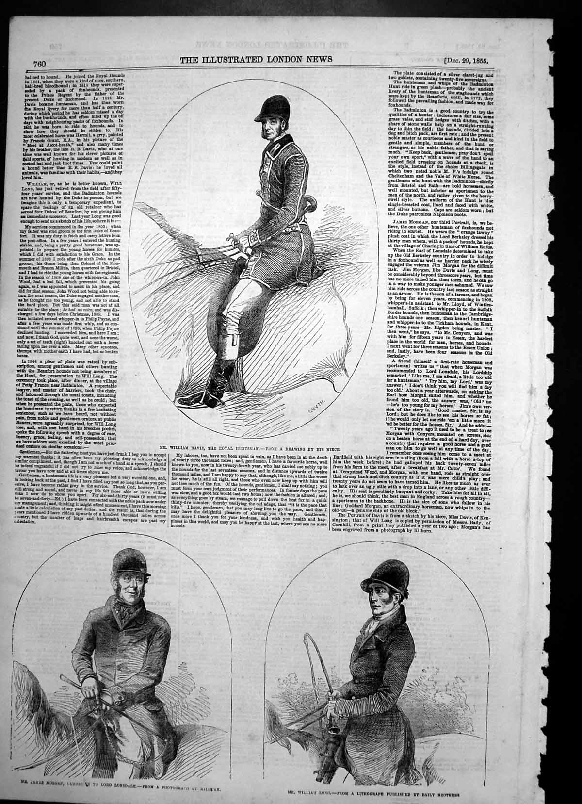 Antique Print William Davis Royal Huntsman James Morgan Lord Lonsdale 1855 19th