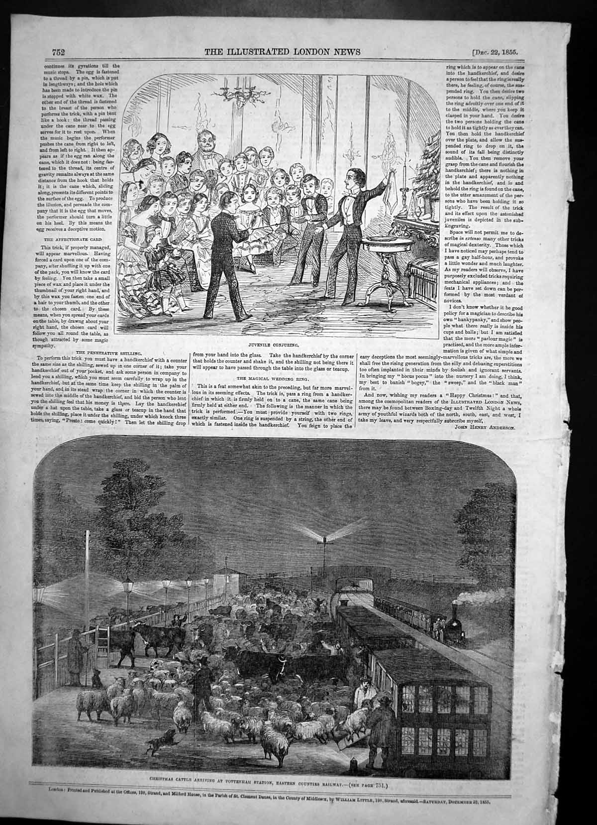Antique Old Print Juvenile Conjuring Christmas Cattle Tottenham Station 1855