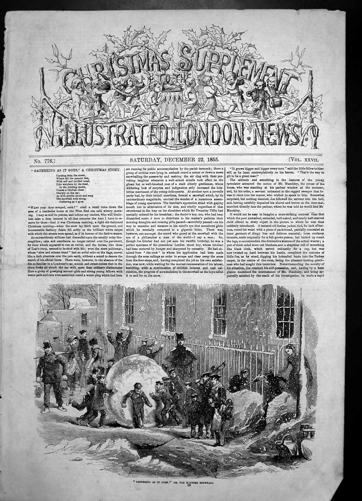 Antique Old Print Gathering As It Goes Monster Snowball Children Playing 1855
